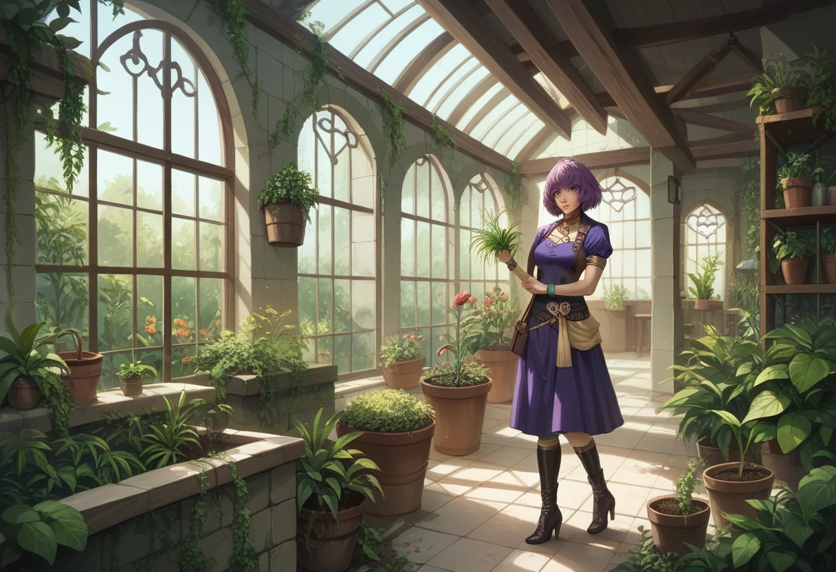 Illustration, realistic proportions, Bernadetta von Varley from Fire Emblem Three Houses, post timeskip design, standing in a greenhouse, watering plants