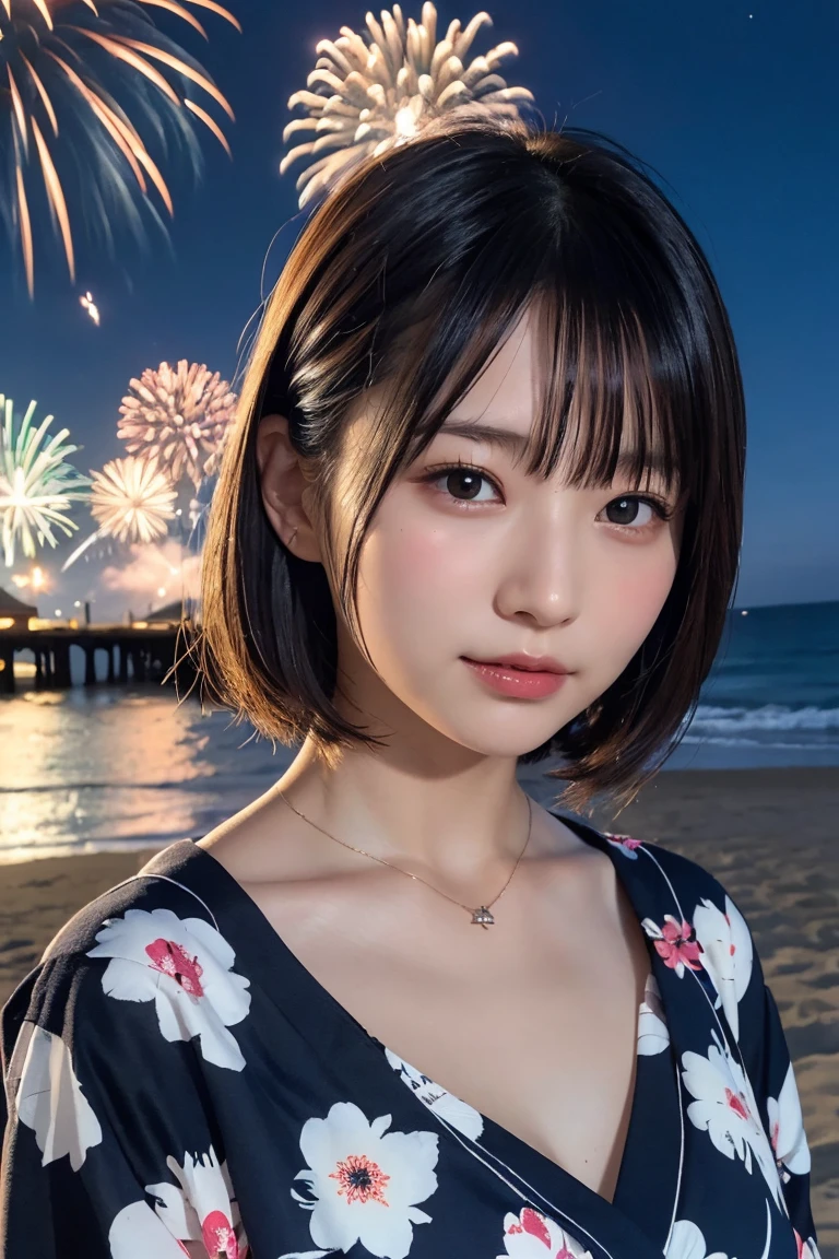 Japanese、Age 25、sister、Randomly generated people with diverse facial features and hairstyles、Perfect Anatomy,Ocean、Beach、firework、Night Sky、打ち上げfirework、目をOceanつぶる、Mature woman、Age 35