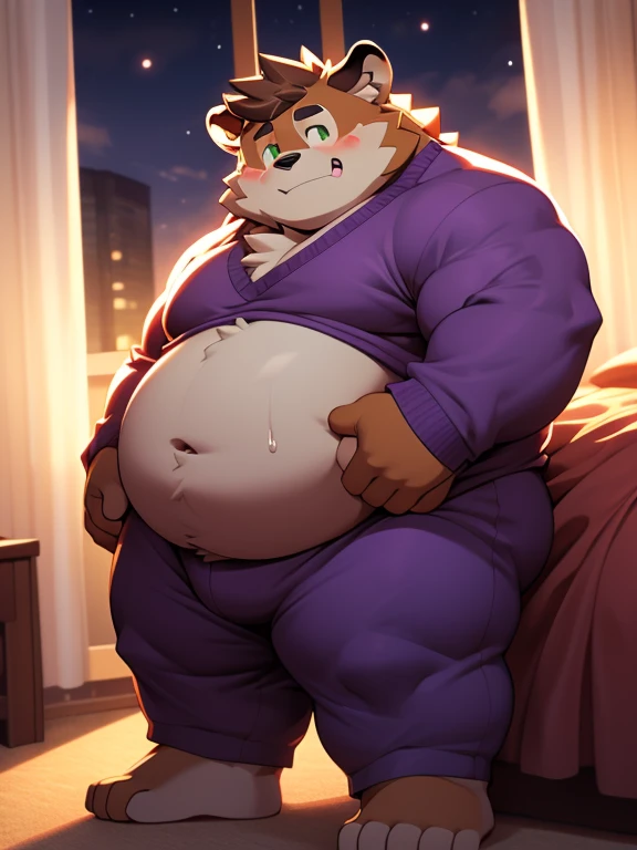 A young wolf boy of green emerald eyes, bright eyes, brown messy hair, orange fur, with two tiger stripes on each cheek; wearing a small dark purple and light blue neon striped long sleeve pajamas, barefoot; bulky, bara, overweight, average height, 250 pounds, tight clothes, big belly, round belly, squishy belly, belly hanging from the abdomen, wide thighs, big buttocks, thick tail, blushing, obese musclechub, musclegut boy, big fat pectorals sticking out of the sides of the purple sweater, belly hanging out of his purple sweater and purple sweat pants, big fat gut that slightly lifts the purple sweater, big fat back rolls that slightly sticks out of the purple sweat pants, exposed navel, exposed buttocks; 4K, HD, 3D anime style, downside shot, full body shot, smiling, blushing, shy, small bedroom, nighttime, dark shaders, rubbing his big round potbelly while laying down on his small single bed