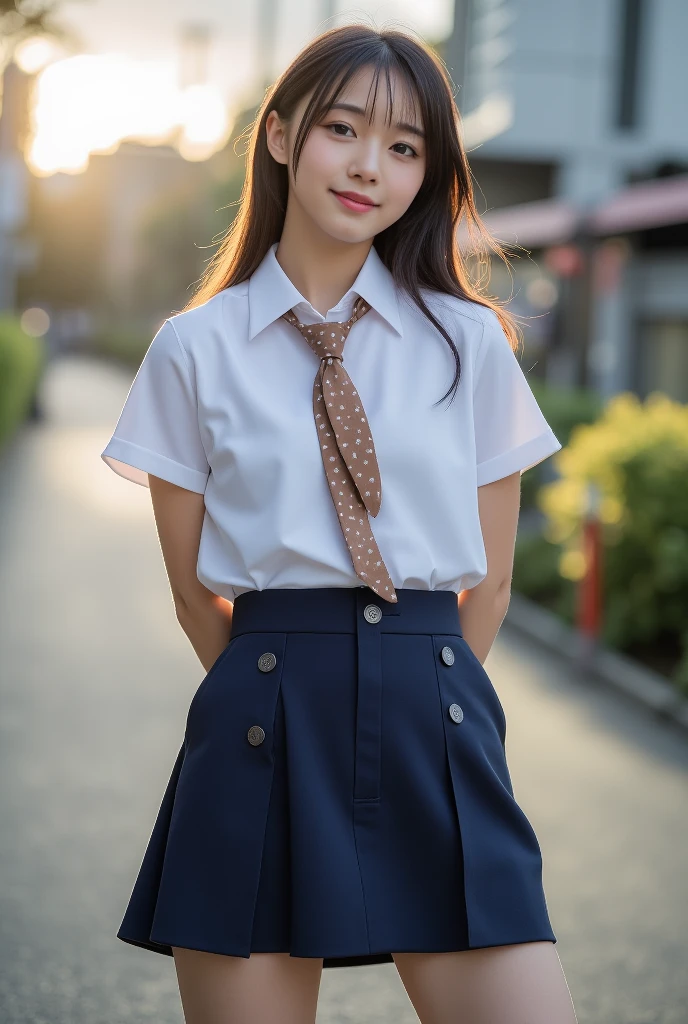 top quality 8k, high resolution, professional photographic, ultra detailed, 15mm film, portrait, (19 year old, beautiful Japanese female, REIKA standing legs parted:1.3), beautiful middle hair elegant drill hair forehead:1.4, beautiful nape, (big hip best proportion:1.5), arms behind back, (white-shirt, brown ribbon tie:1.4),  (detailed dark-blue micro-skirts:1.4), (thick thigh smooth thigh radiant thigh focus), ((too very blushing)), (ultra detailed sunrise backlighting city:1.5), (good depth field, in after tornado stormy:1.5) 