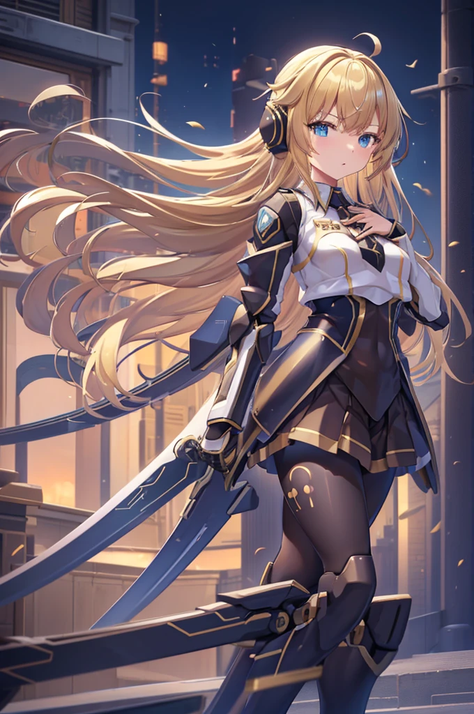 Rin々Funny face、mecha wing、Thighs、Blonde long hair anime girl、 Blue Pleated Skirt、 black pantyhose、Blonde long-haired anime girl with a sword in her right hand 、chest、 1 girl、 solo girl、 headset 、mecha girl、