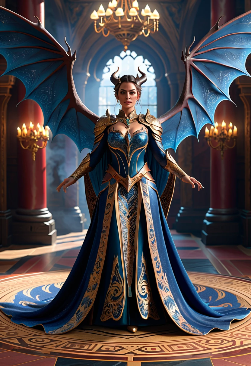 a matural female，standing on floor, Dragon's horn，Bat wings，Tattooed with，eyes glowing，magia，Large breasts，magnificent robe，complex patterns，palaces，(skin indentation:1.5), realisticlying, realisticlying, (Masterpiece:1.5), concept-art, intricately details, highly  detailed, realisticlying, rendering by octane, 8K, unreal-engine, dynamicposes, Best quality at best, A high resolution, (photorealiscic face:1.1), (Hyper-realistic:1.1),  perfect  eyes,(shiny skins:1.2),  Radiant force,  smog, magia, ((Dramatic)), Epic, battlefiled, depth of fields, Background bokeh, 4K,  ashes, Particle，