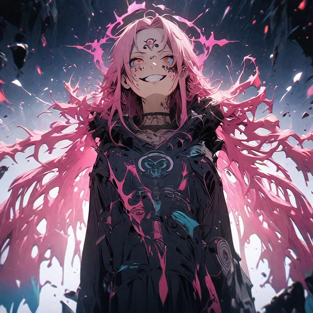 Tribe, Pink Hair,  face tattoo,  Eerie Smile ,  anime style arrangement, Using AI-like fluid colors 
