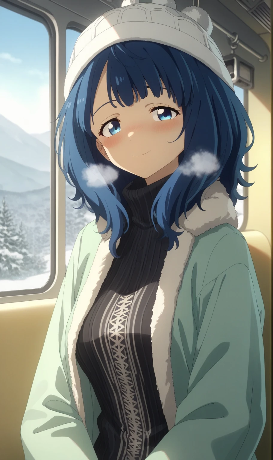 yanamianna, medium hair, middium breasts,blue hair,blue eyes, medium breasts, fluffy coat, turtle neck, knit swearter, knitted hat, muffler, blush, light smile, steam, indoor, train, window, on seat, cold, winter, from front, looking viewer, masterpiece, best quality, high resolution, ultra-detailed, detailed background, anime,