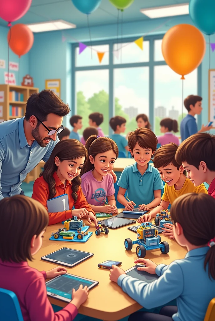 I need drawings of children using technology as a learning method, where the typical elements of technology such as tablets are reflected, telephone, computers, smart displays... in the classroom.
Please make the drawings in 3D. I need all the images to be in harmony with the creation., that they are all of the same style 