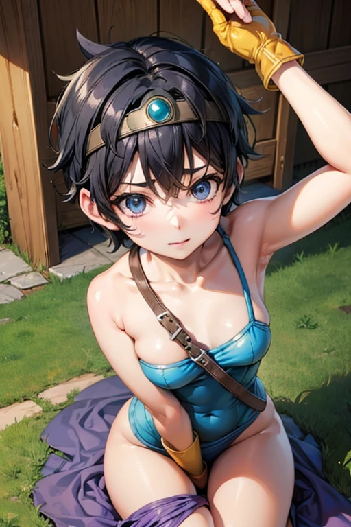 masterpiece, Mountainous Regions, desert, Black Hair, blunt bangs, short hair, Ahoge, blue eyes, ((((nude)))), 1boy, open mouth, spread legs, front, abs, front, arms behind head, (((Small breasts))), (((glaring))), fang, ((grin)), ((scared))