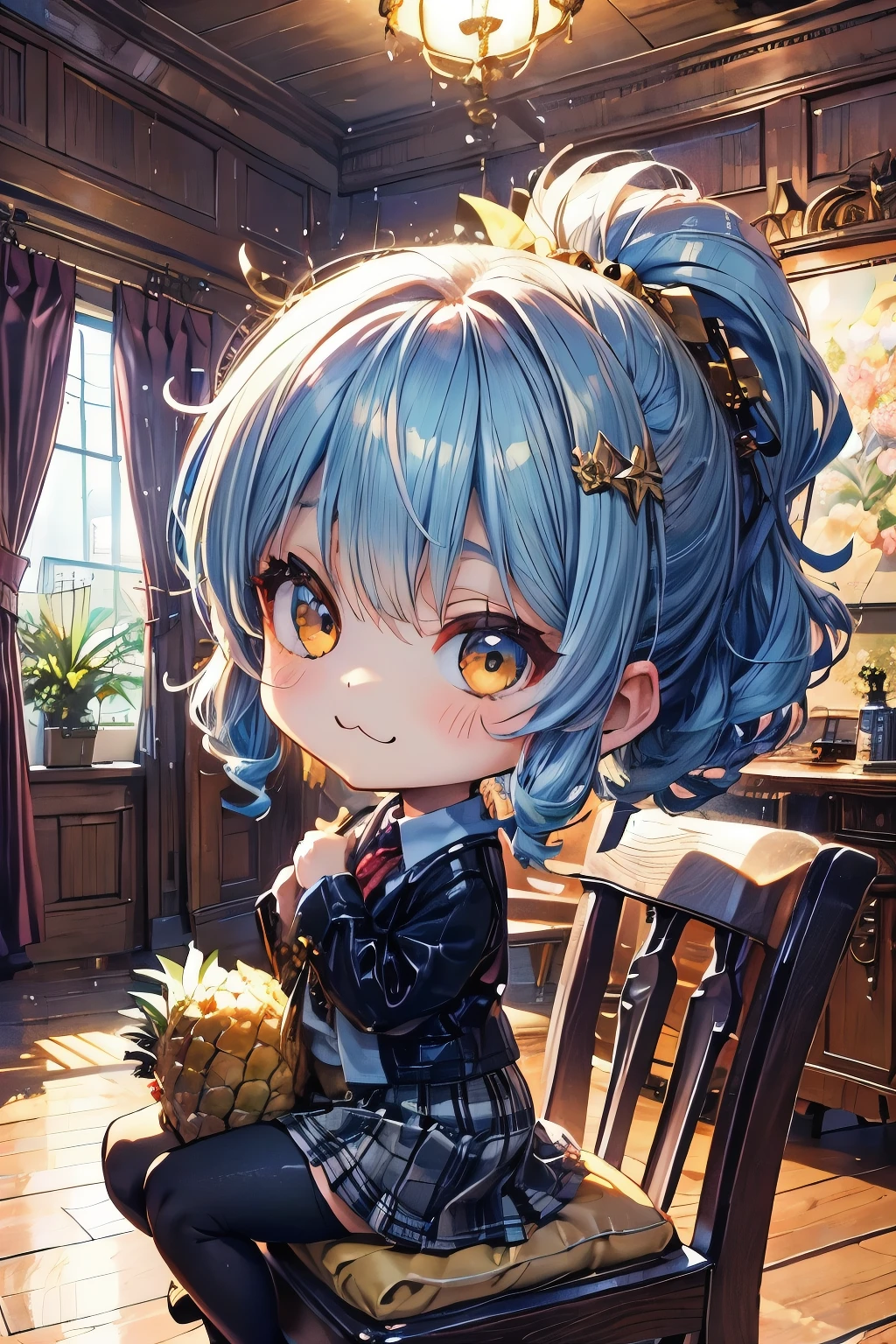 ( Masterpiece、 fresh pineapple:1.3)、(3d,Anime Moe、Chibiボディ、 Video 、 light blue hair color , Short chignon hair、 curly hair 、 shaded face、Golden Eyes、:3, Ahoge:1.2)、(Chibi、Skirt fluttering、Hero's room:1.4)、( short skirt 、Underwear peek、Sitting on a chair、Secret Base、How to spend the night 、colorful furniture、Gothic:1.2)、