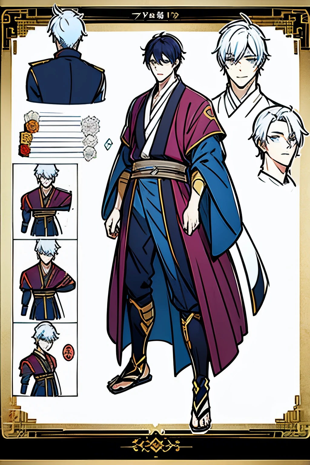 Go Eunhyuk from the Webtoon called Operation True Love, concept art, character concept, handsome main character, japanese fantasy outfit, full body, character sheet