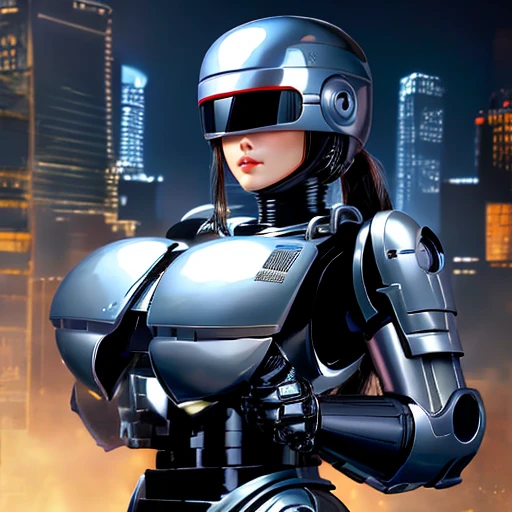 
( Best Quality ), (Overall view), Female Robocop,  Hua Gai with a cool and charming face ,RoboCop Armor    , Robocop helmet ,    beautiful and sexy young woman , 18 years old,    toned and muscular    , With a cool and handsome face    , SharpEye, Big Breasts