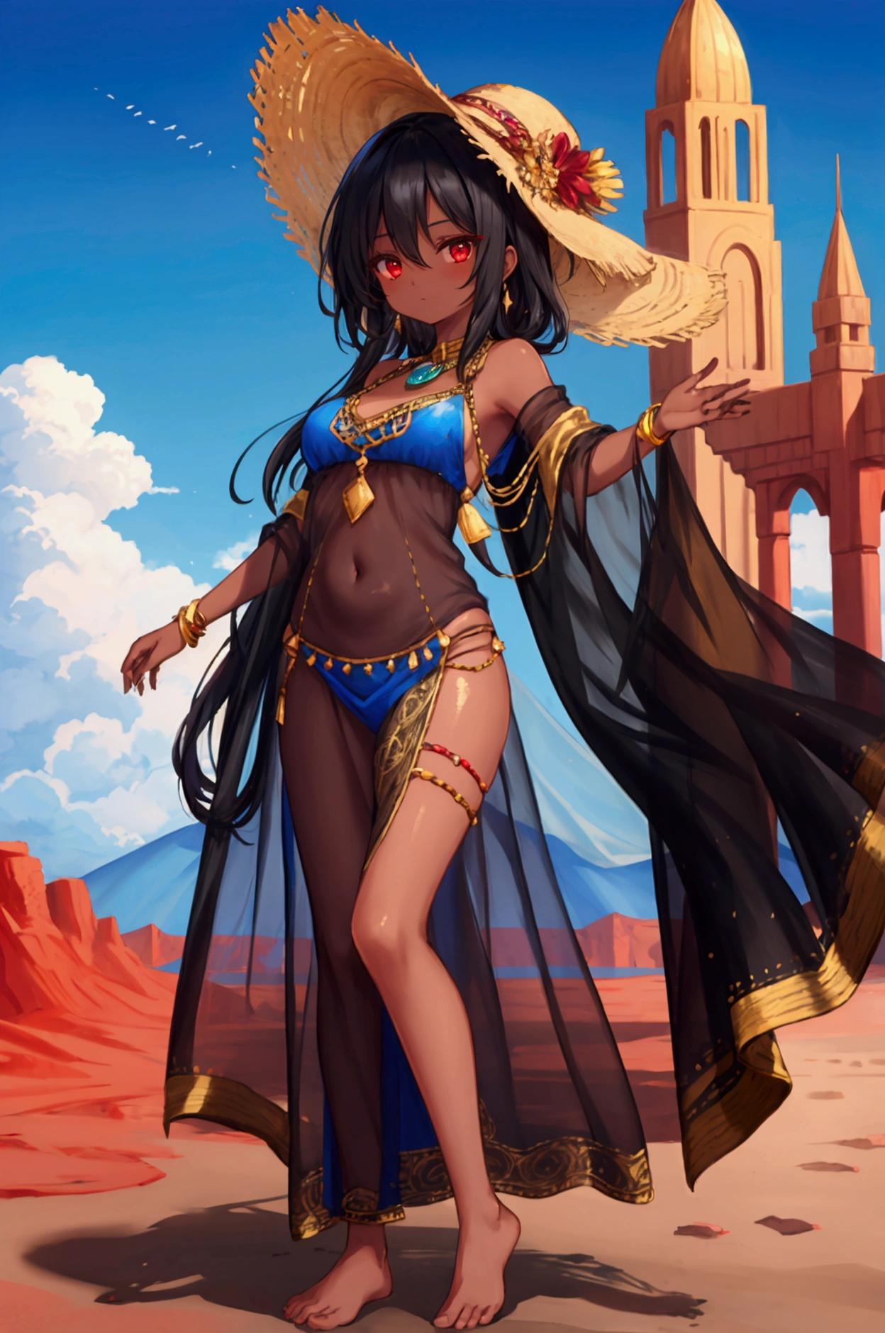 monster princess, sassy, long dark hair, blue monoeye, wide forehead, perky breasts, pert ass, purple Arabic veils, crimson Arabic female costume, very sexy, golden sandals, lascivious smile, sexy pose, lying on embroidered cushions, in a luxury tent in the desert at night, fantasy anime, cinematic, detailed, masterpiece, dynamic view, full body,