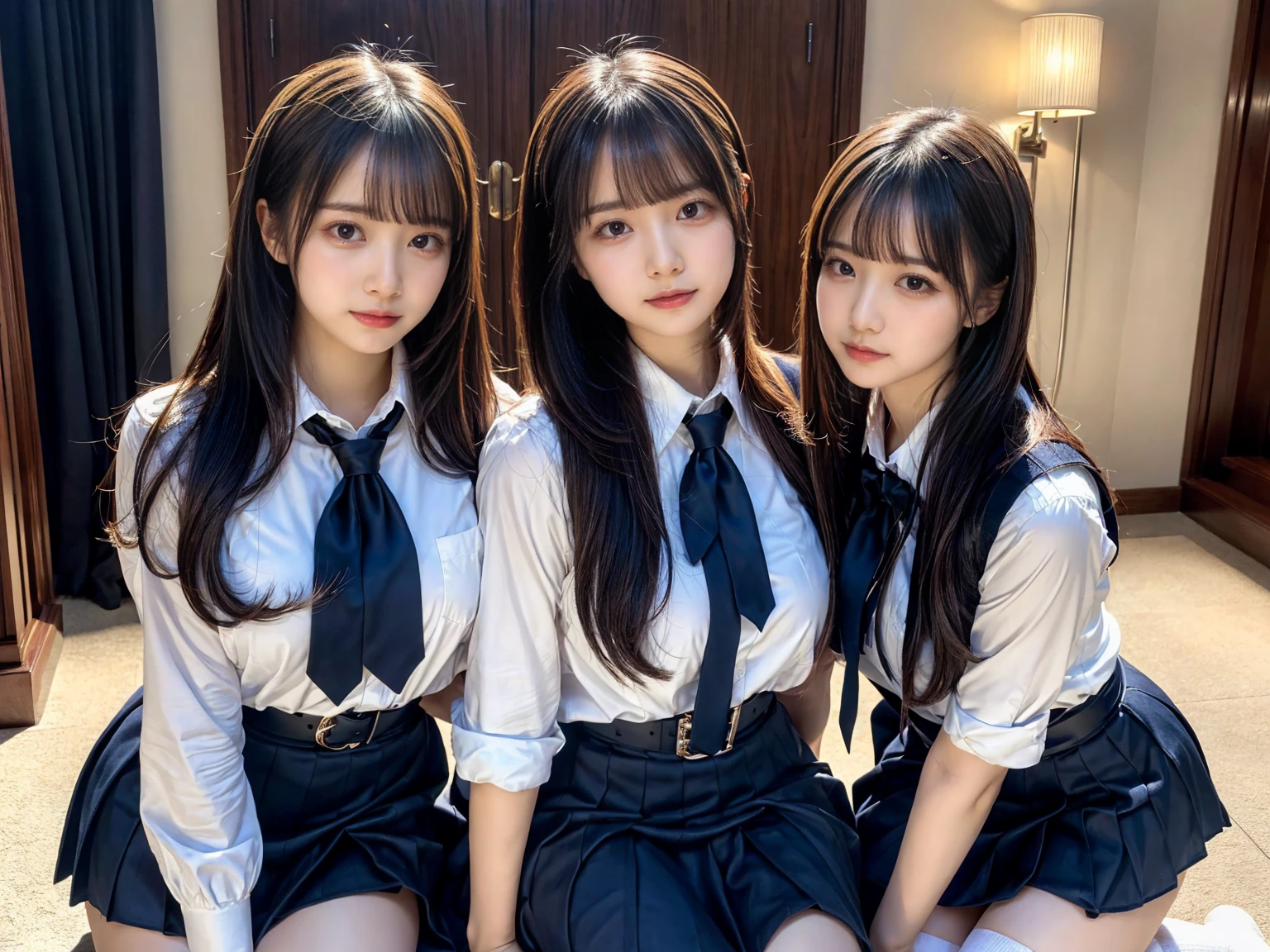 (8K, Raw photography, top-quality, ​masterpiece:1.2), master piece, best quality, illustration, Super detailed, fine details, High resolution, 8K,wall paper, perfect dynamic composition,(Details High quality, realistic depiction of eyes:1.3), ((2 girls, 2 schoolgirls)), The background is a luxury hotel room、High school girl uniform、blazer 、Super Short Check Uniform Skirt、Navy blue high socks、garterbelts、Colossal tits、Disturbed uniform, Play with each other,Touching each other's bodies,Touching the body of the girl next door, short bob hair, black hair color, huge breasts, Big Natural Color Lip, bold sexy pose, (perfect body shape), crying a little、cold gaze,  Beautiful makeup,glitter makeup,Cutest 18 years old, beautiful legs, hposing Gravure Idol, Voluptuous thighs