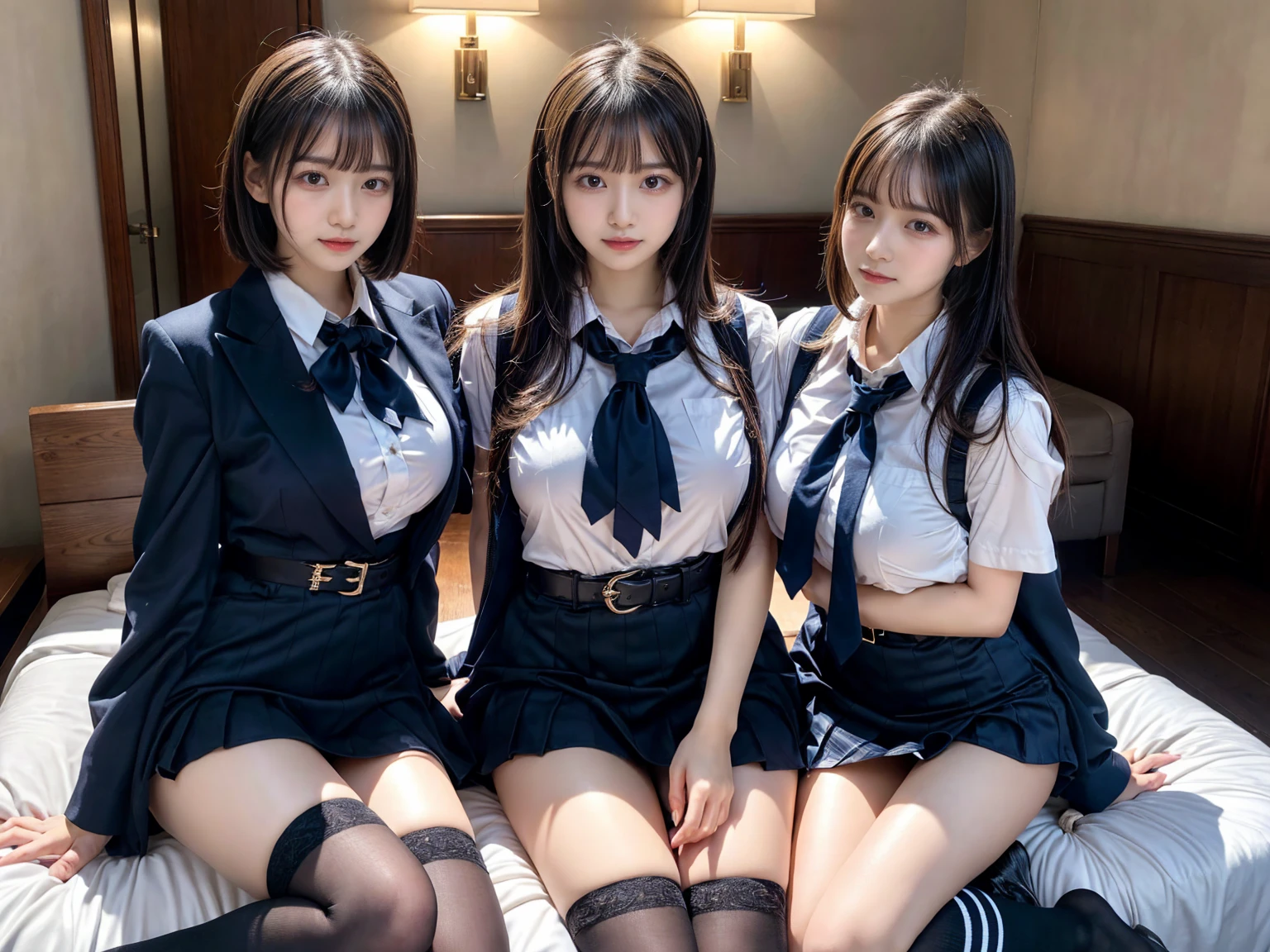 Several girls in uniform pose for a group photo, JK uniform short skirt, in school uniform,Wearing black silk opaque tights， Full breasts，low quality photo, photograph taken in 2 0 2 0, very very low quality picture, lacepantyhose，Wearing a short skirt of a Japanese school uniform, Wearing black silk，black pantyhoses，in school uniform, A picture, Group photo, posed for photo, personal profile picture, in school uniform, not cropped, 8K))
