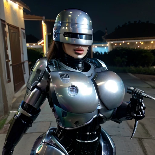 
( Best Quality ), (Overall view), Female Robocop,  Hua Gai with a cool and charming face ,RoboCop Armor  , Robocop helmet ,  beautiful and sexy young woman , 18 years old,  toned and muscular  , With a cool and handsome face  , SharpEye, Big Breasts