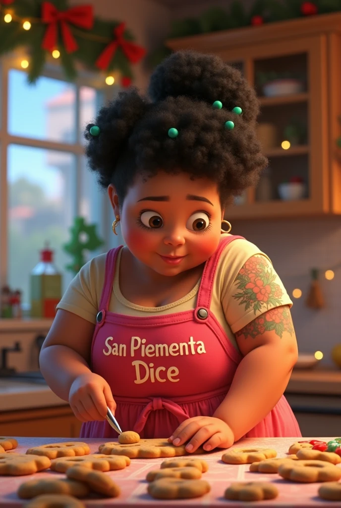 a 12 year old girl with dark skin, Long curly dark hair, Brown eyes, a little chubby, round face in Disney Pixar style Intensely.