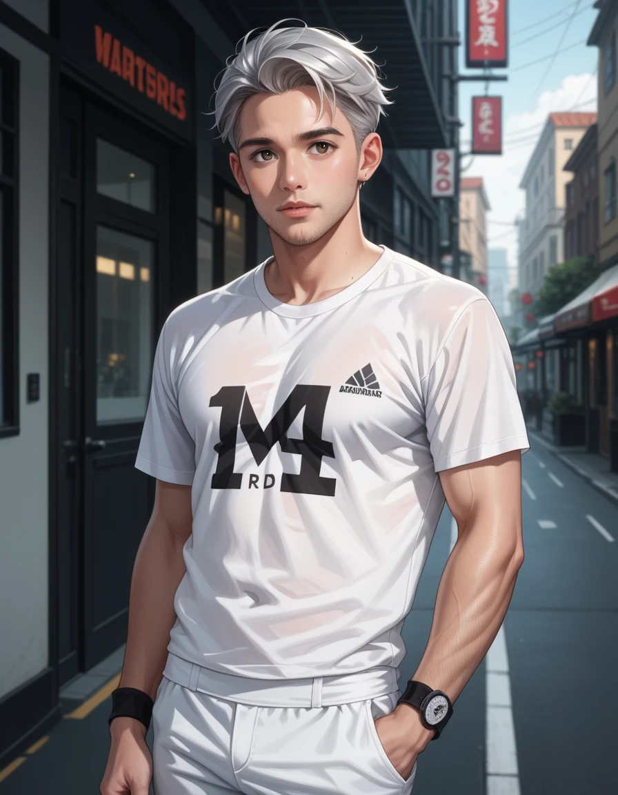 score_9, score_8_up, score_7_up, score_6_up, score_5_up, 1man (( high quality )), ((masterpiece)), (( very detailed )),  perfect face,  realistic , ((man)), ((Asiatic)),  25-year-old handsome Korean man in a black t-shirt, white sweatshirt wide pants ,  medium length silver hair,  brown eye , gym idol  (( detailed eyes )