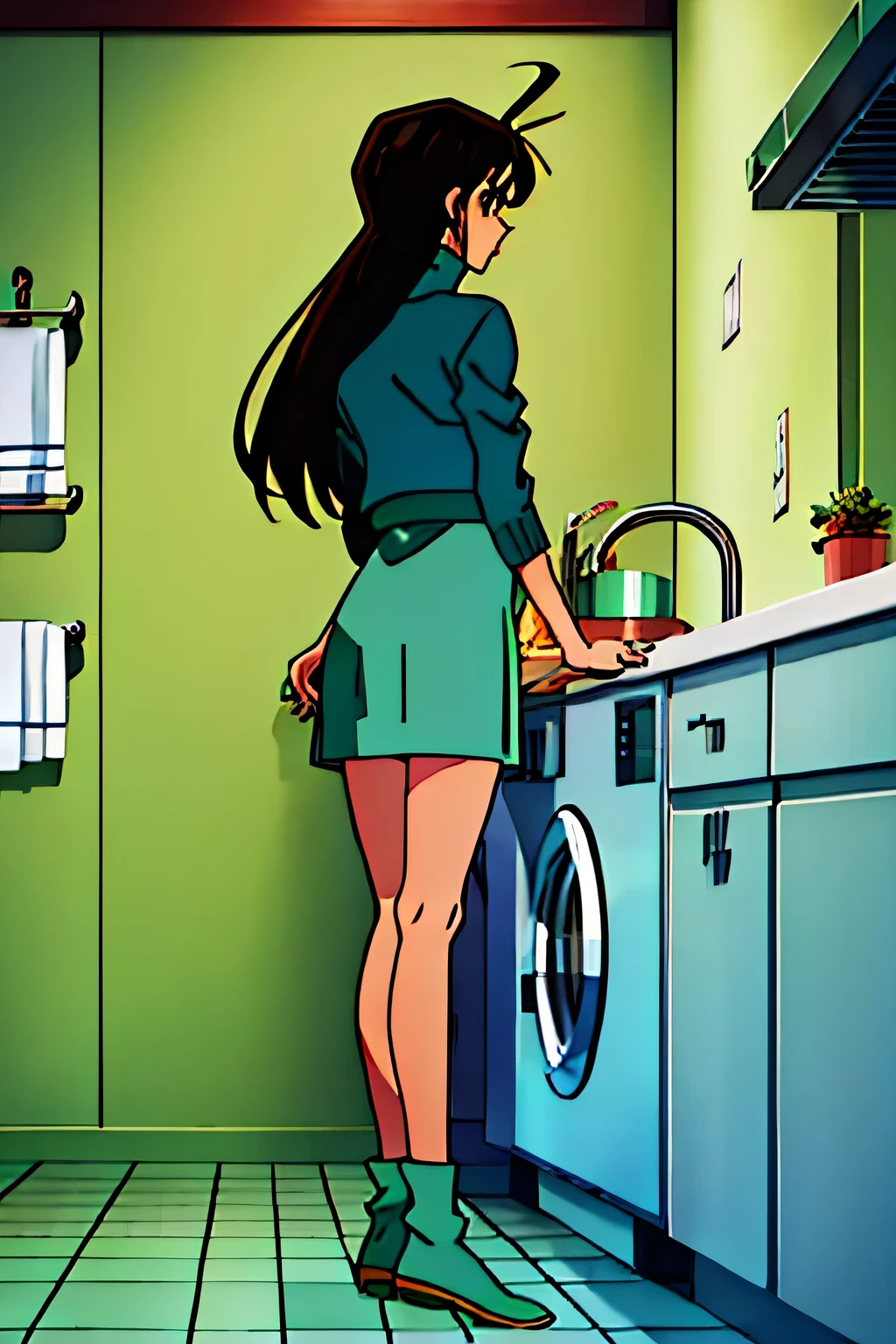 {{{Long Hair}}},{{{Public Documents }}},{{{adult}}},Green One Piece Dress,turtleneck green tight skirt , { light blue green cropped mini jacket}, Green Socks ,,sink,laundry,kitchen,bringing upper body to the sink,open,Back view of a person leaning forward