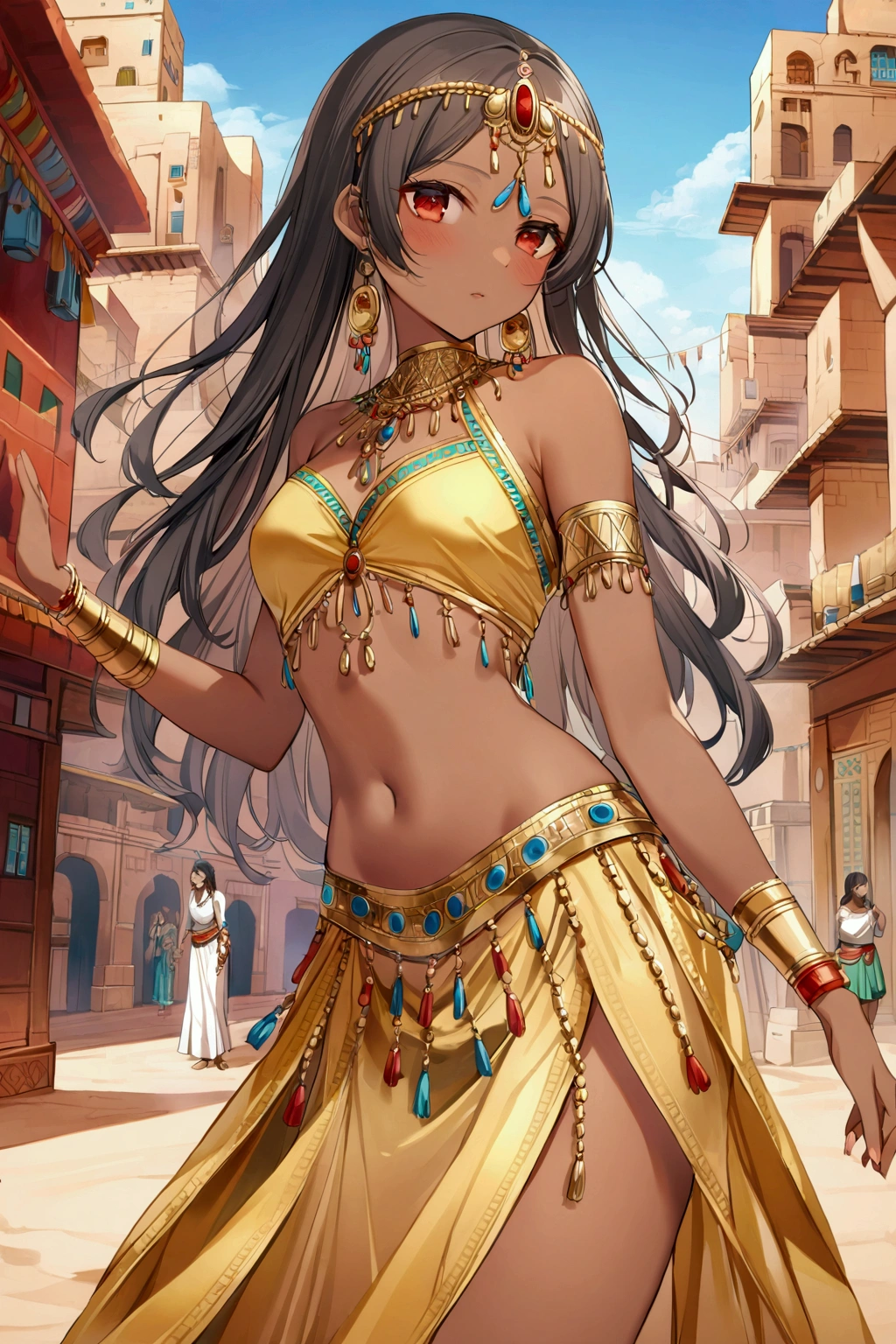  girl,dark skin, red eyes, black hair,Desert City,blue sky,Ethnic style ,Dancer&#39;s clothes,Golden Clothes, see-through material