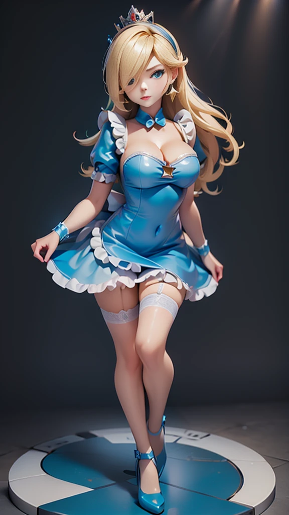 a beautiful 20 year old blonde woman with big messy hair in a blue dress, white stockings, black headband, cleavage, holding a glowing mushroom, fantasy art style, rossdraws cartoon vibrant, alice x. zhang, alice in wonderland cyberpunk, cute detailed digital art, colorfull digital fantasy art, digital fantasy art ), glossy digital painting, rossdraws pastel vibrant, rossdraws 2. 5, rossdraws 1. 0