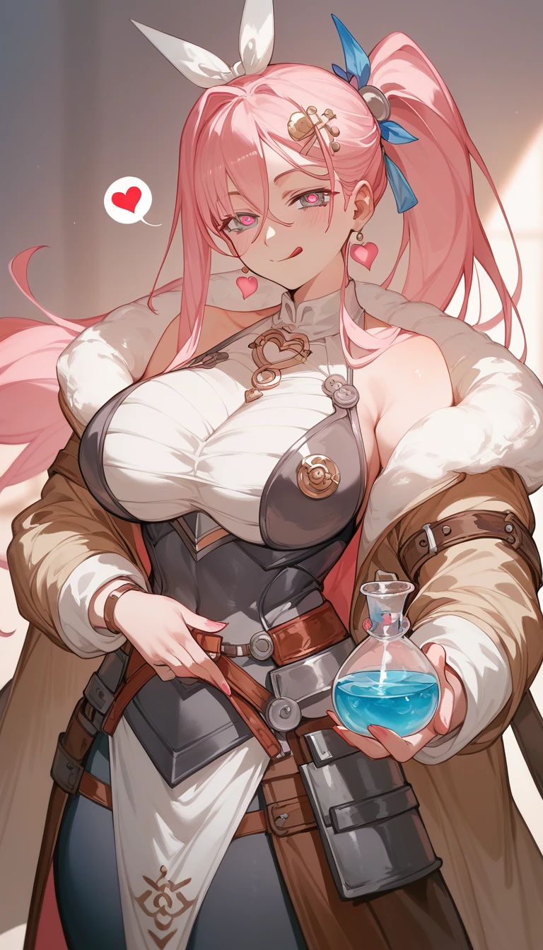 Alchemist、Big Breasts、long pink hair 、Hold a flask with  in your hand、adventurer、armor、put on a coat、Many Hearts、Stinking eyes、licking lips
