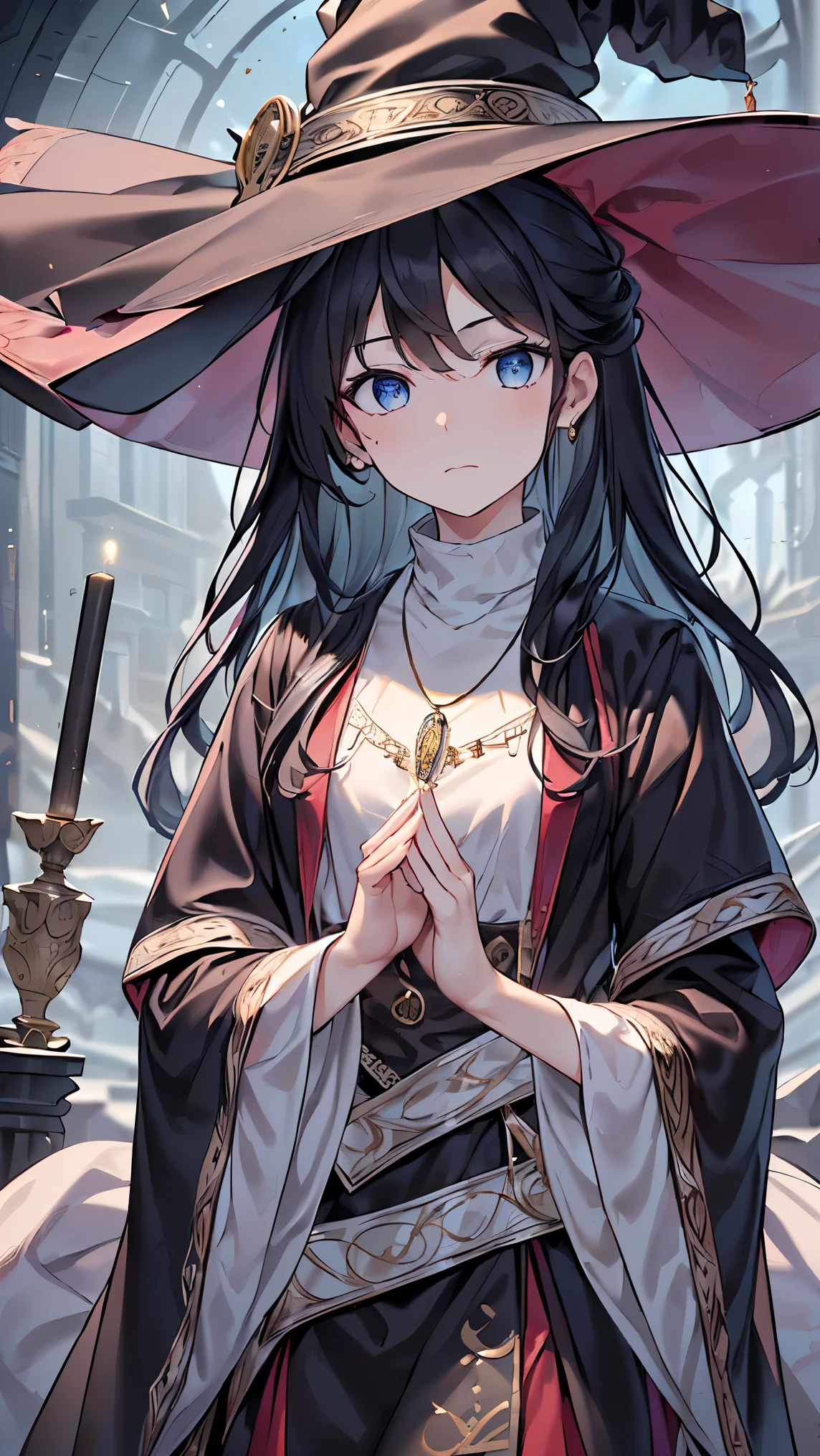 (((Best quality, 8k, Masterpiece: 1.3)), ((best quality)), ((masterpiece)), (detailed), perfect face, perfect body, (detailed skin:1.3), (intricate details), Black hair, witch, witch hat, flashing light, holding a spellbook in the left hand, right hand thrust forward, blue light on the fingertips of the right hand, Black robe, white blouse, pendant