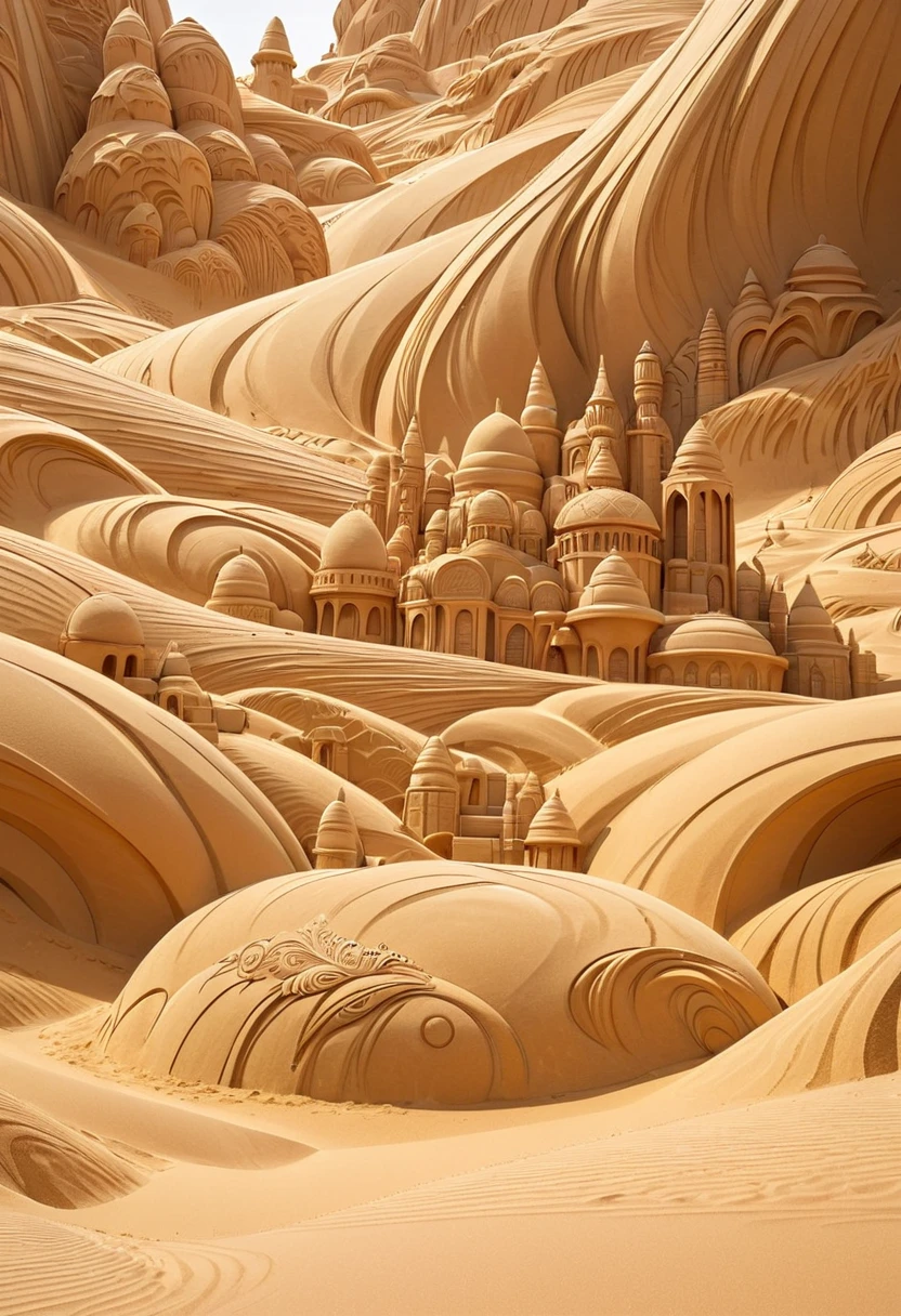  best quality, Super fine,  Extremely Absurd ,  very detailed, 2.5D,  Delicate and Dynamic Depictions,  Sand Sculptures ,  Sandy Textured Skin ,  Disney-Inspired Fantasies , desert, Effects of Sandstorms 