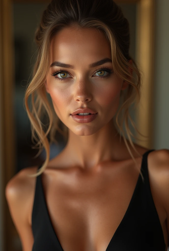 a sensual woman, alluring woman, sheer revealing outfit, provocative pose, prominent curves, detailed facial features, beautiful detailed eyes, beautiful detailed lips, extremely detailed face and eyes, long eyelashes, photorealistic, high quality, masterpiece, hyper detailed, 8k, cinematic lighting, dramatic lighting, chiaroscuro, dramatic shadows, dramatic highlights, warm color palette, glowing skin, flowing hair, cinematic composition, portrait
