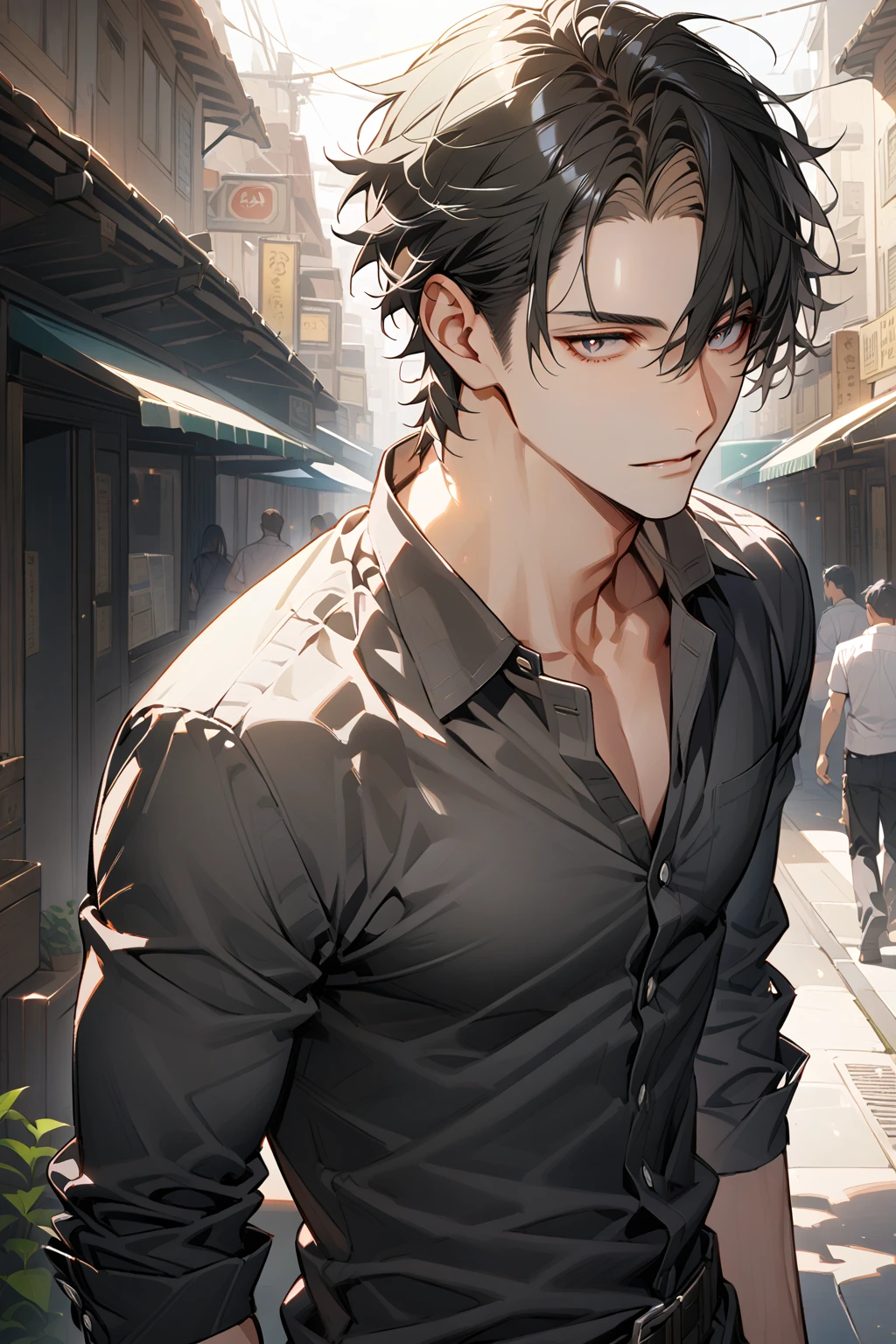 Man, handsome, short black hair, dark eyes, shirt