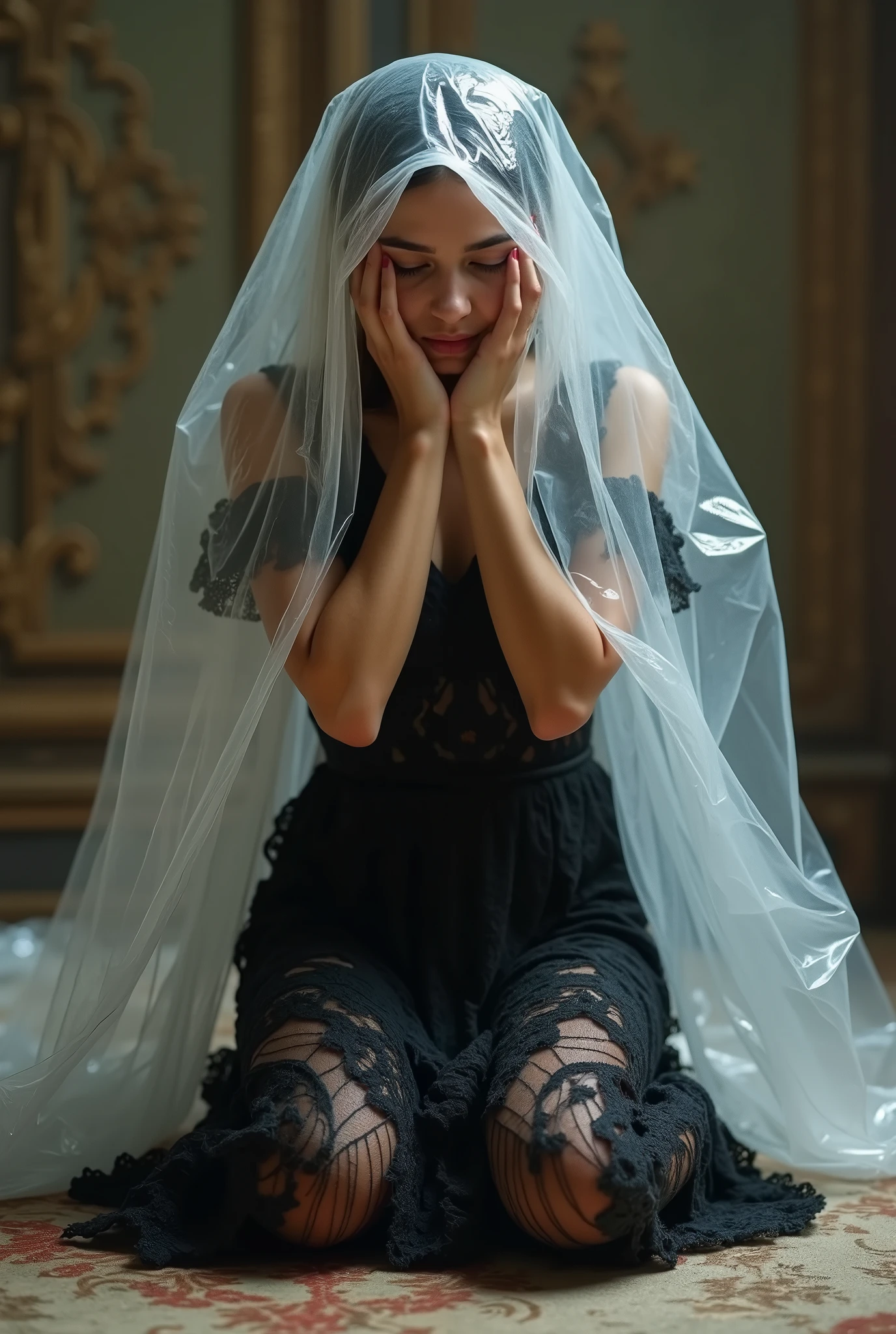 (bright lighting,romantic setting),bride captured, dreamy background,bondage,dark hair, mesmerizing gaze, , soft skin, alluring beauty, artistic portrait, high-quality image, vibrant colors, long silk gown, in the bed,tape bondage,tape gag, mosquito net, bridal