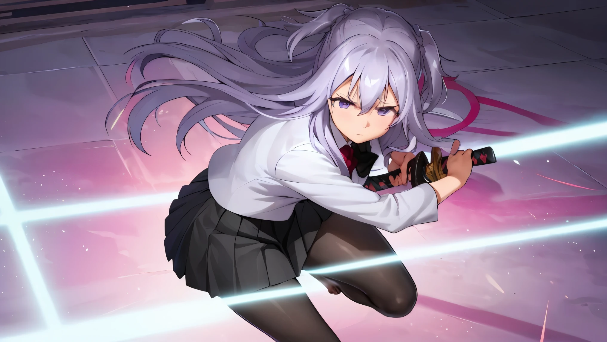 nsfw, (((ultra high res))), (((8k))), ((best quality)), (masterpiece), beautiful, ((illustration)), (((insanely detailed))), (good anatomy:1.2), beautiful eyes, Eye on the details, simple background,
Purple Hair, Long Hair, Hair between the eyes, two side up,  purple eyes, Large Breasts, Short, petite girl, outfit : school uniform, white jacket, black bowtie, collared shirt, pleated skirt, mini skirt, black skirt, toudou kirin, purple eyes, Dark Eyes, Pantyhose, 
battoujutsu, dynamic angle, from side, foreshortening, feet, expressionless, sleepy eyes,