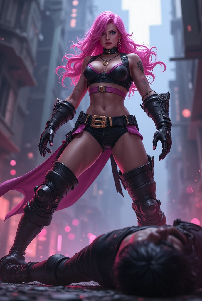 8k portrait of photo of beautiful black girl, Artwork in the style of Vladimir Kush, amara la negra mixed with lola monroe, pink hair, long hair, pink bantu knots hair, full body, realistic, very dark natural skin, blue eyes, detailed and intricate portrayal of a mechanical or cybernetic woman, pink metal panels, tubes attached to arms, african features, face looks like amara la negra mixed with lola monroe, metallic and mechanical components, gold adornments in hair, pink long bantu knots, gold chains, soft sunlight, braided hair on fire, textured skin, straining to cary a heavy battle axe, denim jeans, black sweater, blue scarf, black gloves, red boots, intricate, elegant, highly detailed, futuristic, digital photography, full body, dynamic action, fighting with an oversize flaming battle axe in hand, blazing battle axe, pink battle axe, fighting karate stance, martial arts stance, dynamic action, intense motion, masterpiece, sidelighting, finely detailed beautiful eyes: 1.2), hdr,