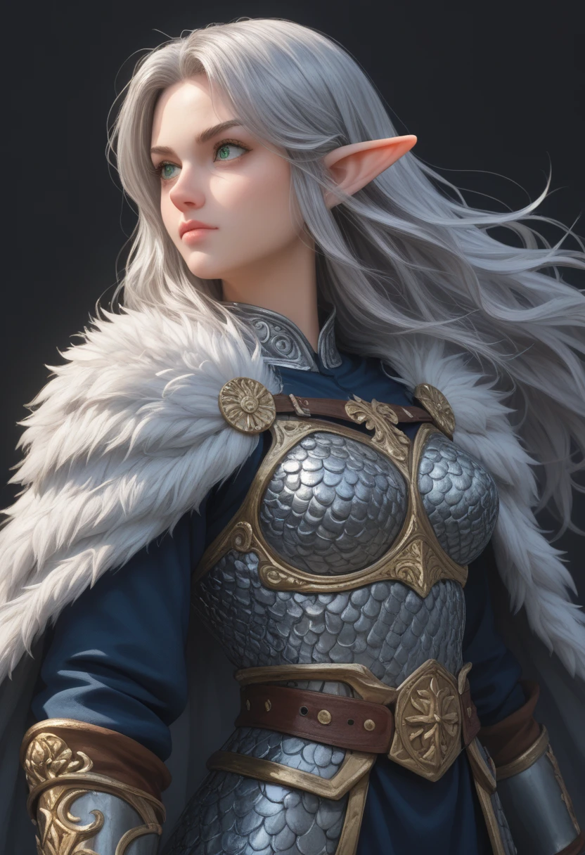 score_9, score_8_up, score_7_up, woman, simple background, dark background, green eyes, gorgeous, elf, fur outfit, black viking outfit, pale skin, solo, dark blue heavy armour, dark blue medieval armour, dark blue chainmail, mythril armour, elven ornaments, fur cloak, standing up straight, calm face, runic tattoos, silver hair, closed mouth, cowboy shot woman fighting, strong, wearing a sword , warrior, hair in the wind, big boobs, laufen, elf ears, long hair