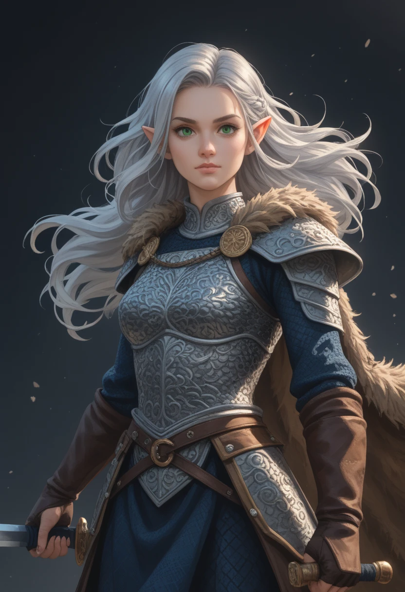 score_9, score_8_up, score_7_up, woman, simple background, dark background, green eyes, gorgeous, elf, fur outfit, black viking outfit, pale skin, solo, dark blue heavy armour, dark blue medieval armour, dark blue chainmail, mythril armour, elven ornaments, fur cloak, standing up straight, calm face, runic tattoos, silver hair, closed mouth, cowboy shot woman fighting, strong, wearing a sword , warrior, hair in the wind, big boobs, laufen, elf ears, long hair