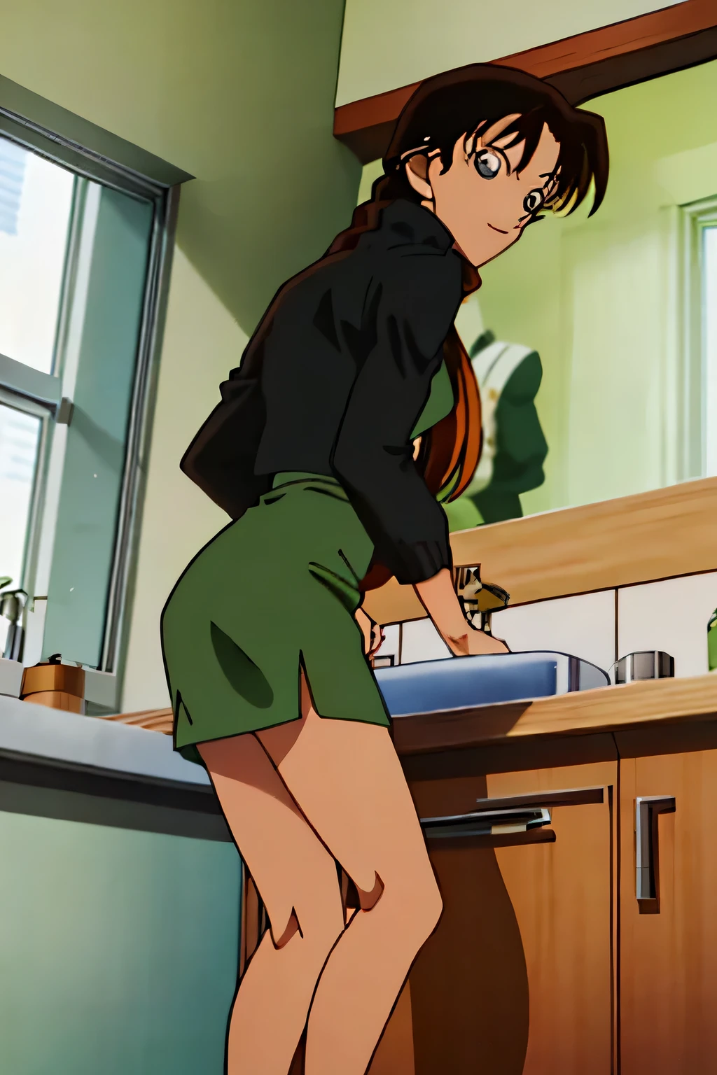 {{{Long Hair}}},{{{Public Documents }}},{{{adult}}},Green One Piece Dress,turtleneck green tight skirt , { light green cropped mini jacket}, Green Socks ,,sink,laundry,kitchen,bringing upper body to the sink,open,Back view of a person leaning forward