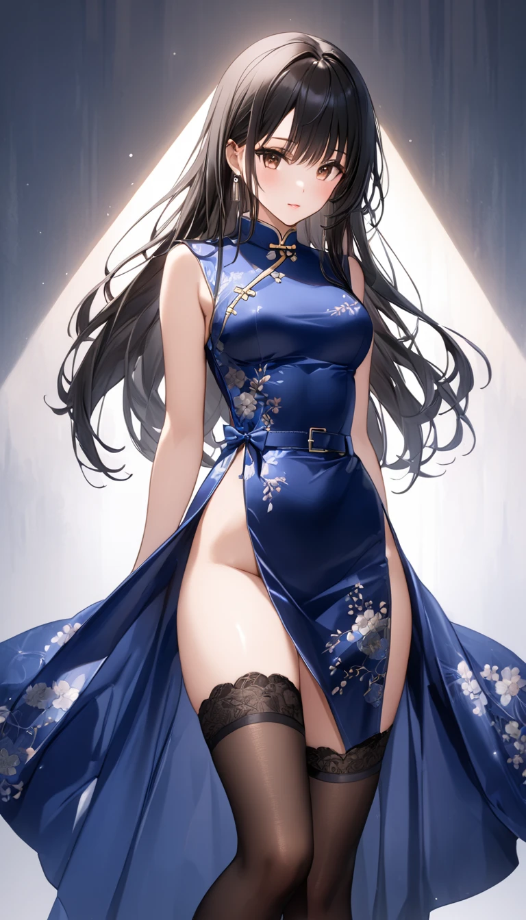   best quality、   Unity 8K Wallpaper、32K、  Masterpiece 、  very detailed、   super high resolution、  very detailedな顔、  RAW photos 、 Professional 、Ultra-detailed paintings、 Female 1 person 、 Shiny Navy Blue Long China Dress,  Shiny Silk Fabric with Slits 、、  black hair、  Brown Eyes  、  long hair、、  stockings、  garter belt、 Blue Stiletto Heels  、Peek Into the Slit 、  I can't see my crotch   