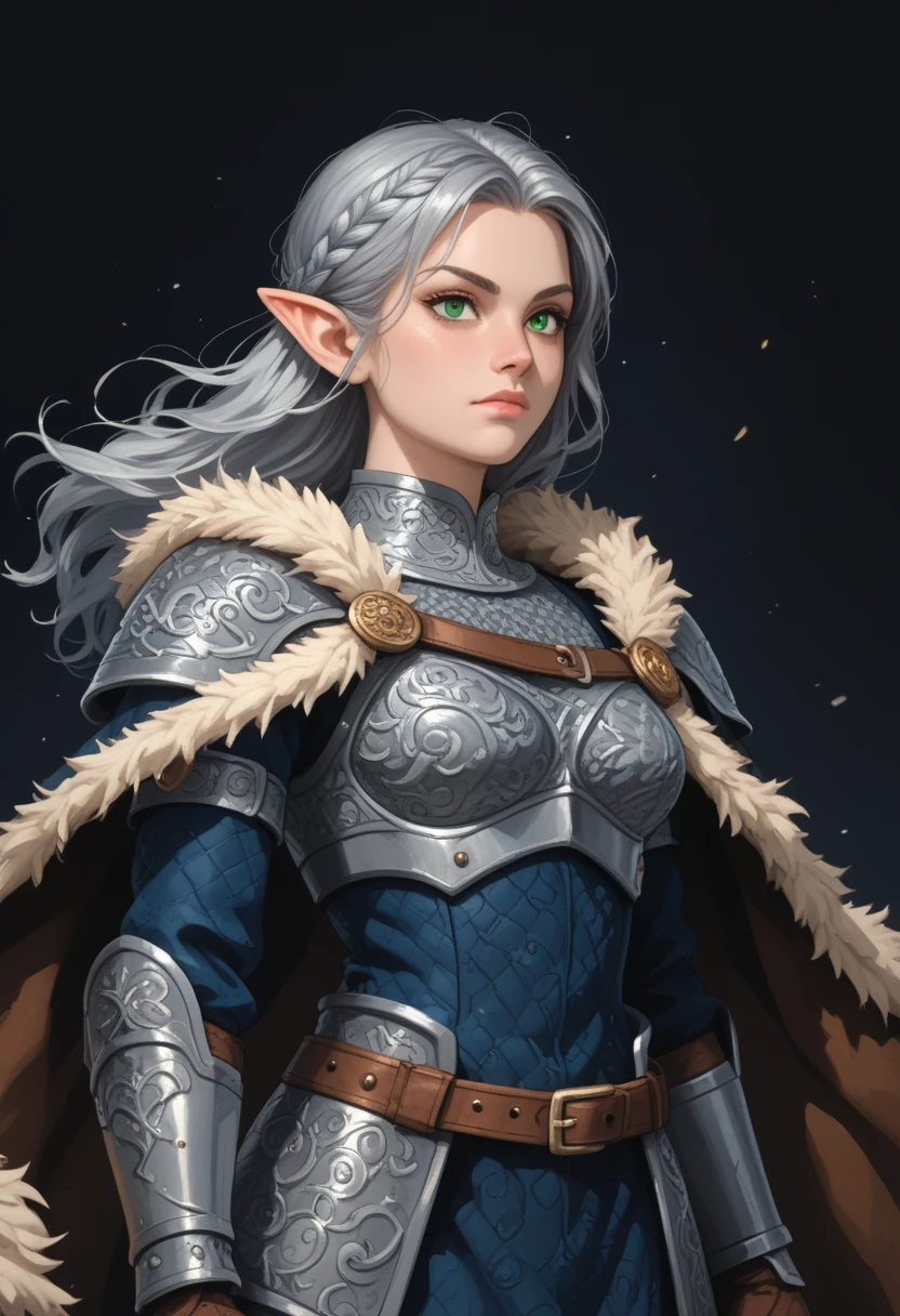 score_9, score_8_up, score_7_up, woman, simple background, dark background, green eyes, gorgeous, elf, fur outfit, black viking outfit, pale skin, solo, dark blue heavy armour, dark blue medieval armour, dark blue chainmail, mythril armour, elven ornaments, fur cloak, standing up straight, calm face, runic tattoos, silver hair, closed mouth, cowboy shot woman fighting, strong, wearing a sword , warrior, hair in the wind, big boobs, laufen, elf ears, long hair