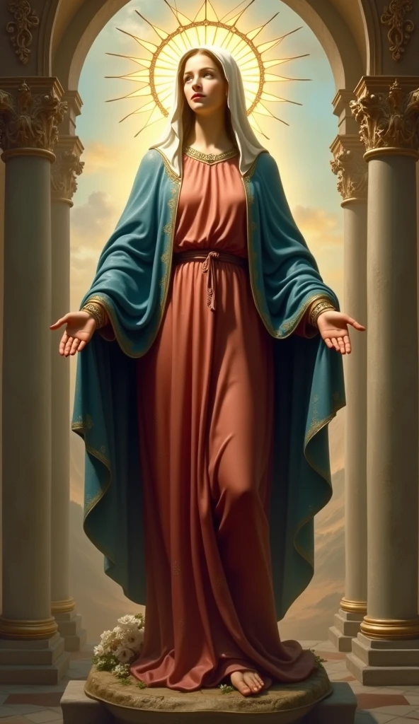 a very beautiful Virgin Mary, whole body, Reddish beige tunic, bluish-beige cloak and veil, Halo