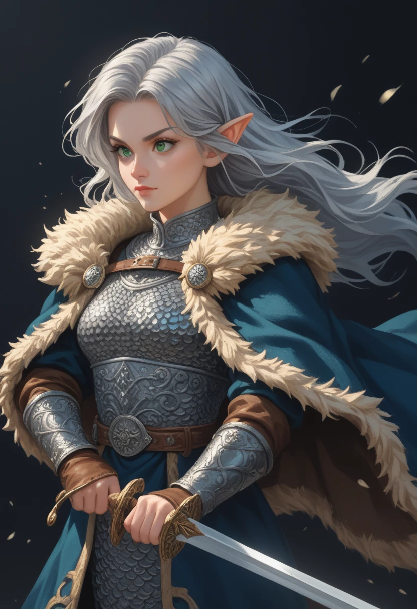 score_9, score_8_up, score_7_up, woman, simple background, dark background, green eyes, gorgeous, elf, fur outfit, black viking outfit, pale skin, solo, dark blue heavy armour, dark blue medieval armour, dark blue chainmail, mythril armour, elven ornaments, fur cloak, standing up straight, calm face, runic tattoos, silver hair, closed mouth, cowboy shot woman fighting, strong, wearing a sword , warrior, hair in the wind, big boobs, laufen, elf ears, long hair