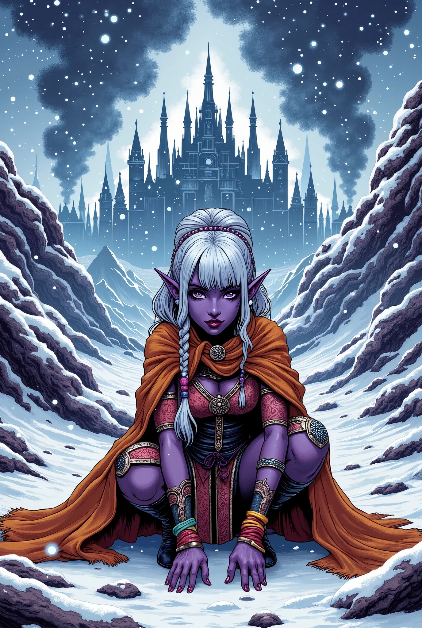 (Ultra-detailed face, Looking away, 8-bit dots Illustration with Gothic, Dark tone colors), BREAK 
(As several tornadoes swirl and a blizzard covers the area in white, Rogue, a dark elf woman, ((the huge, frozen, ancient court)), looks up from the courtyard of the audience chamber to the throne of the opulent King's Chamber. Snow blows into the King's Chamber, freezing everything in sight. The female rogue crouches down to keep the wind from blowing her away and holds up her hands to protect her face from the snow.), BREAK 
(A young female dark elf rogue, half black, half gray, with white eyebrows, blunt bangs, hair tied in a bow around her shoulders, small pink lips, dark purple skin, and thick eyeliner.), BREAK 
(A female dark elf rogue wears a translucent, rainbow-colored scarf wrapped around her braided rack and a neckerchief around her neck to protect her from the wind. She wears a tight orange velour lace-up dress in a paisley pattern with silver thread trim. She wears a wide black sash with many pouches tied around her waist, and a necklace and bracelet made of rainbow-colored beads. She wears boots with white fur.), BREAK 
(This is the extremely cold north, where even the lava freezes. The vast kingdom, supposedly created by a Viking king, is now closed off to snow and ice. Tornadoes and blizzards blow throughout the year in this jewel-like northern capital. A gigantic city rises, with its gothic royal palace and needle-like spires silhouetted against the sky.)