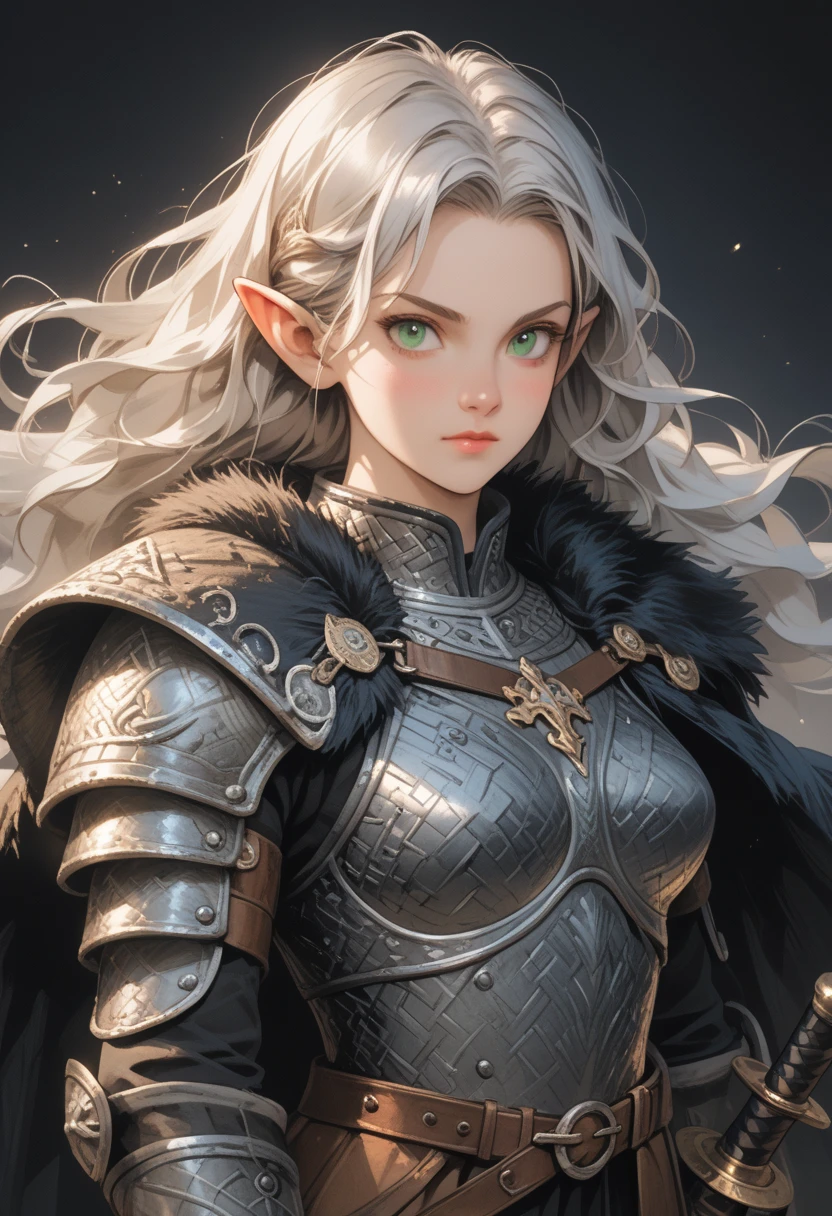 score_9, score_8_up, score_7_up, woman, simple background, dark background, green eyes, gorgeous, elf, fur outfit, black viking outfit, pale skin, solo, dark blue heavy armour, dark blue medieval armour, dark blue chainmail, mythril armour, elven ornaments, fur cloak, standing up straight, calm face, runic tattoos, silver hair, closed mouth, cowboy shot woman fighting, strong, wearing a sword , warrior, hair in the wind, big boobs, laufen, elf ears, long hair