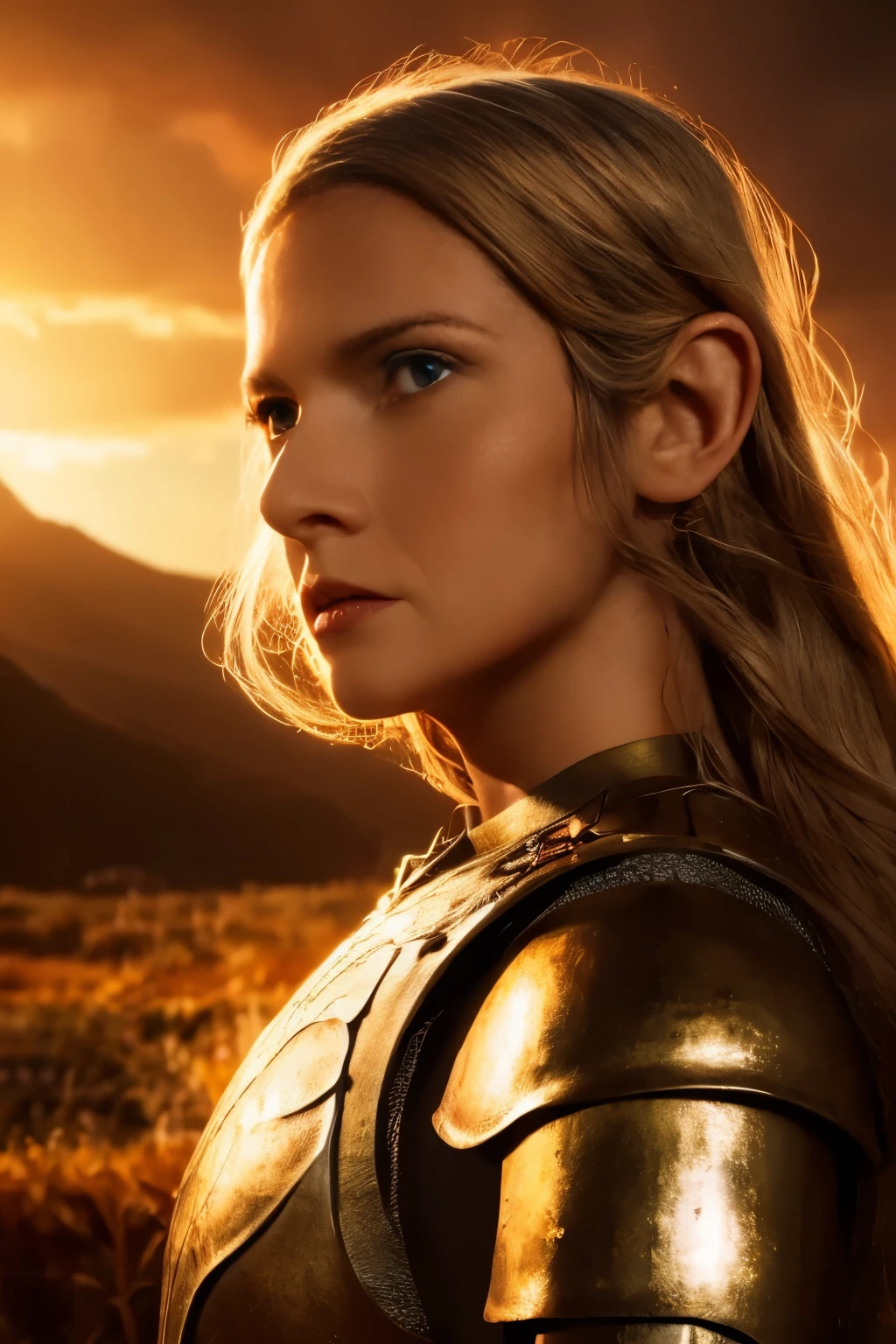 Galadriel, inspired by the series "The Rings of Power", (((L4L4 face))),  in a majestic pose at the center of the scene ,  wearing shimmering armor and elven details,  with its blond hair flowing under a golden light .  The background shows an epic landscape of golden Middle Earth ,  with distant mountains ,  dramatic sky and beams of heavenly light .  Determined expression and intense gaze ,  capturing your strength and wisdom .  Hyper-realistic details on the face and hands ,  metal texture of the highly detailed armor ,  skin illuminated with perfection ,  cinematic atmosphere , epic and glorious . natural light, 35mm photograph, film, professional, 4K, highly detailed, Golden hour lighting. Depth of field F2. Rule of Thirds Composition.
