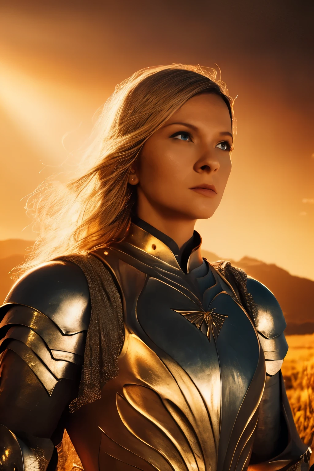 Galadriel, inspired by the series "The Rings of Power", (((L4L4 face))),  in a majestic pose at the center of the scene ,  wearing shimmering armor and elven details,  with its blond hair flowing under a golden light .  The background shows an epic landscape of golden Middle Earth ,  with distant mountains ,  dramatic sky and beams of heavenly light .  Determined expression and intense gaze ,  capturing your strength and wisdom .  Hyper-realistic details on the face and hands ,  metal texture of the highly detailed armor ,  skin illuminated with perfection ,  cinematic atmosphere , epic and glorious . natural light, 35mm photograph, film, professional, 4K, highly detailed, Golden hour lighting. Depth of field F2. Rule of Thirds Composition.
