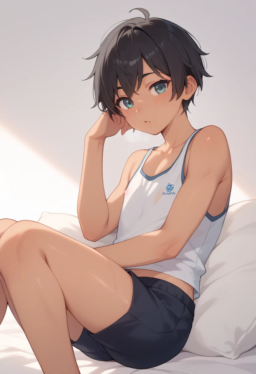 young femboy  boy、 elementary school students、 short、Overall image、 shirtless、Black Color 、 black hair short hair 、 version、Short legs、 sunburned skin、 tank top in front of urinal、Shorts、 CutifiedAnimeCharacterDesign Variant - Type D -、 Countryside Evening Background 、