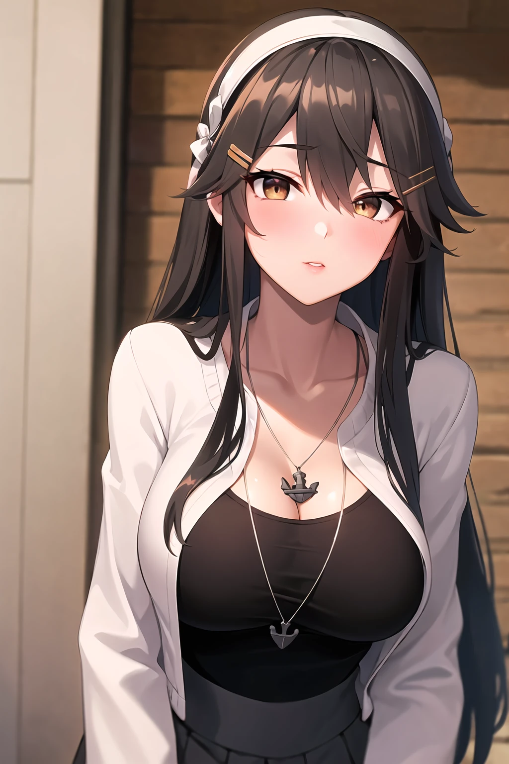 (masterpiece,best quality,highres,8k:1.2),
1girl,(mature female:1.3),(kissing cheek:1.3),
hmharuna, white hairband, hairclip, anchor necklace, jewelry, white jacket, pantyhose, black shirt, grey skirtï¼
large breasts,blush,looking at viewer,
outdoors,