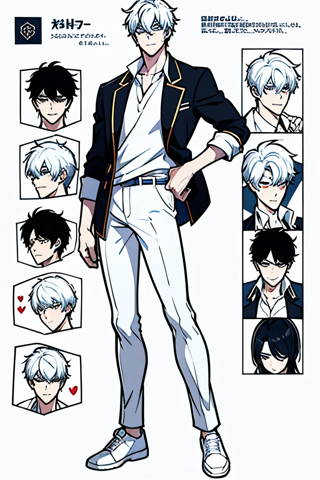 Go Eunhyuk from the Webtoon called Operation True Love, concept art, character concept, handsome main character, white shirt with short sleeves, white polo, black pants, white shoes, blazer on shoulders, ((school uniform)) full body, character sheet