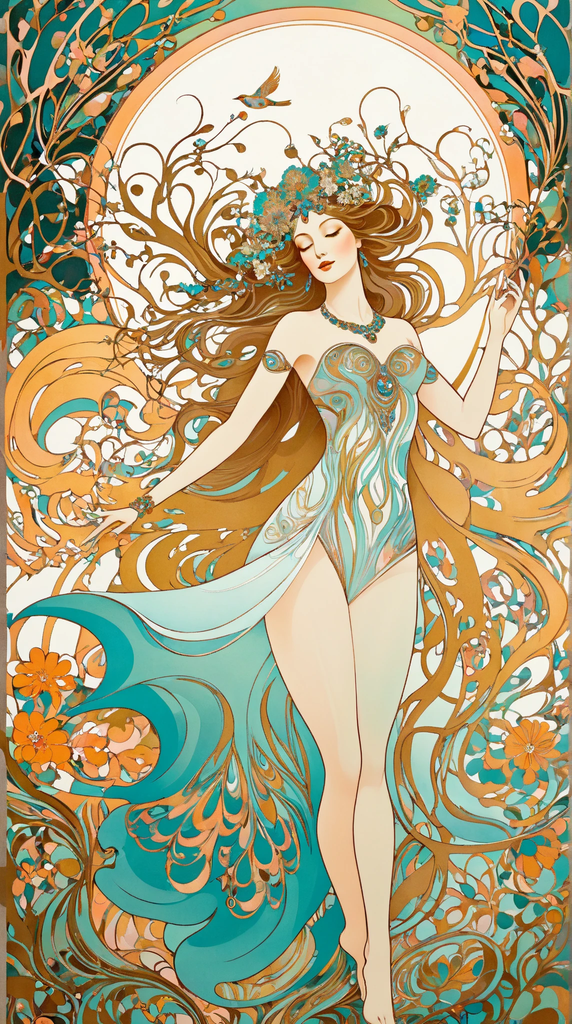 Close-up of a woman wearing a flower crown，Perfect body structure，There are green leaves and flower crowns on the hair, The beautiful body is wrapped in patterns，There are also green vines and flowers，The body has light and dark shadows，The background is colorful，Geometry constitutes a decorative pattern，romanticism lain，art nouveau illustration, venus goddess, mucha style 4k,  Art Nouveau masterpiece, Fresh Art Nouveau, anime art nouveau, persephone in spring,