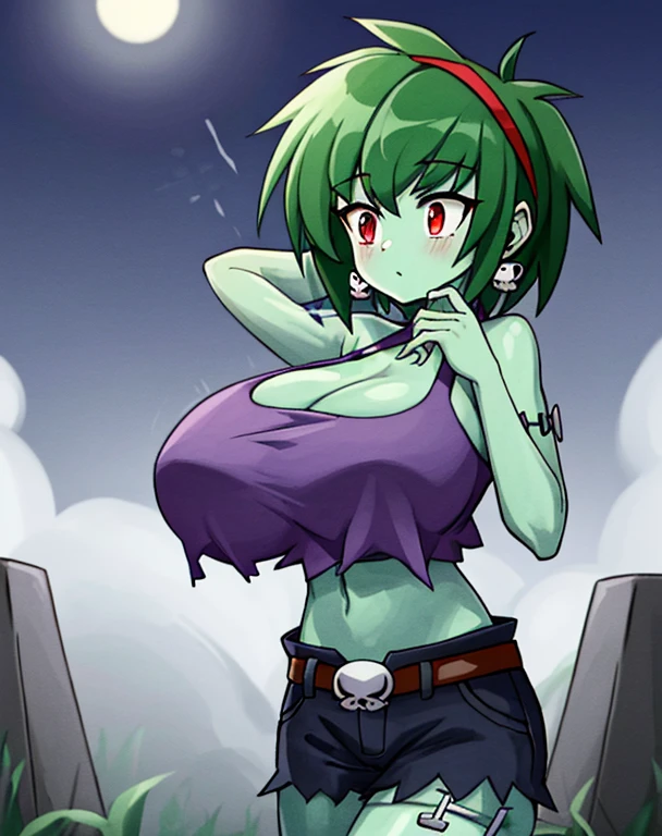 ((best quality)), ((highly detailed)), masterpiece, (detailed eyes, deep eyes), (1girl), upper body, rottytops, green hair, red eyes, green colored skin, hairband, skull earrings, purple crop top, belt, short shorts, purple socks, boots, outside, in a graveyard, fog, at night, glowing eyes, bluethebone, 1980s \(style\), breast expansion, bereaction, torn top, gigantic breasts