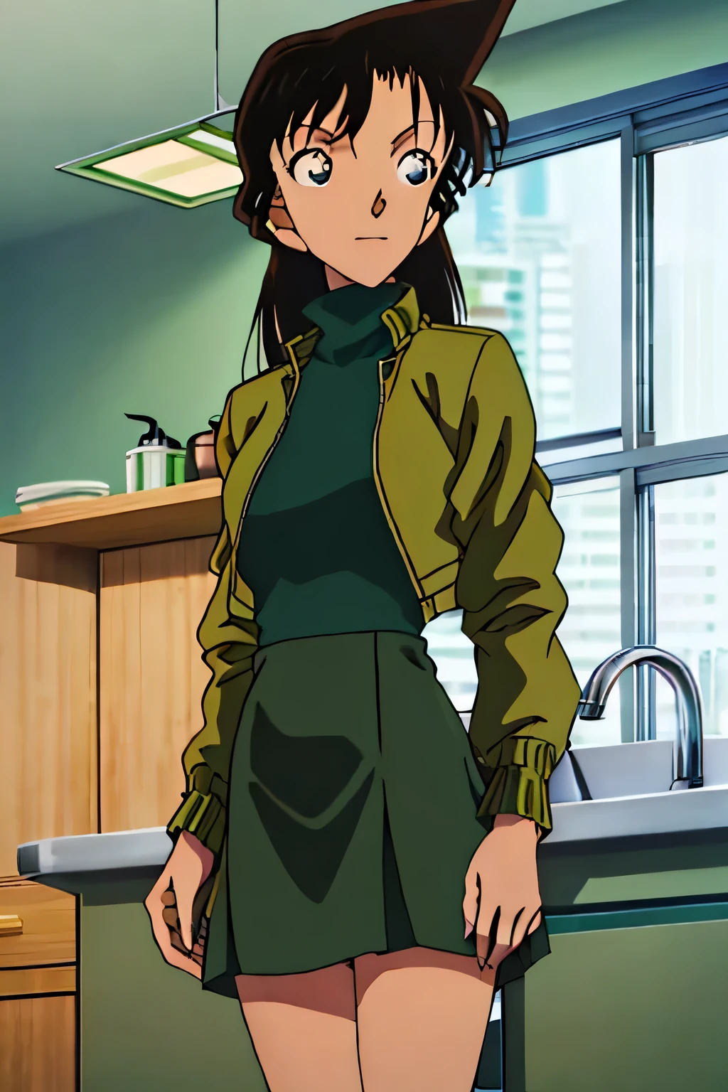 {{{Long Hair}}},{{{Public Documents }}},{{{adult}}},Green One Piece Dress,turtleneck green tight skirt , { light green cropped mini jacket}, Green Socks ,,sink,laundry,kitchen,bringing upper body to the sink,open,Back view of a person leaning forward