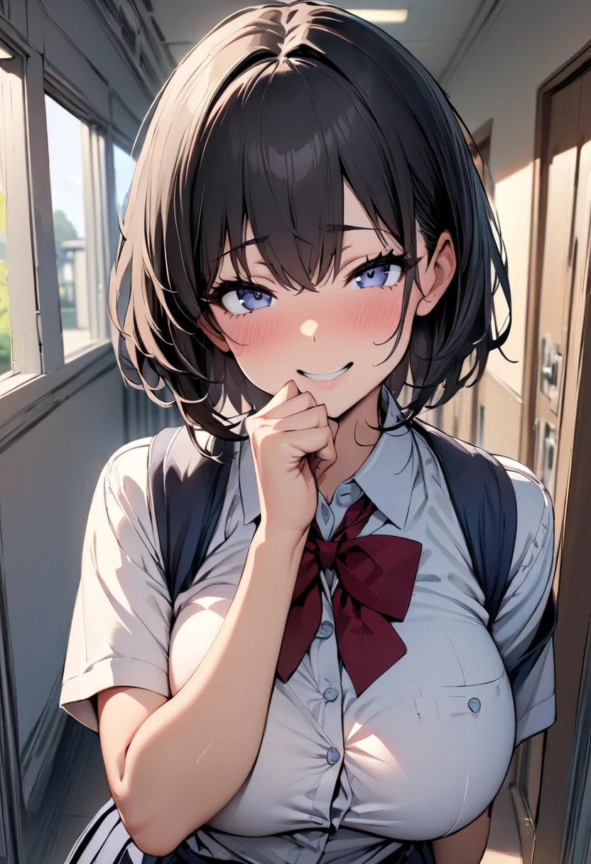 (best quality), (Super detailed), (Best Illustration), (masterpiece), insane detail, score_9, score_8_up, score_7_up, 4k,
(woman), (serafuku), (large breasts:1.2), {brown hair, (sideburns), (bob cut:1.3), curly hair, hairs between eyes, colored inner hair}, {(detailed eyes), star-shaped pupils, blue eyes}, grin, blush, earring, wind, classroom