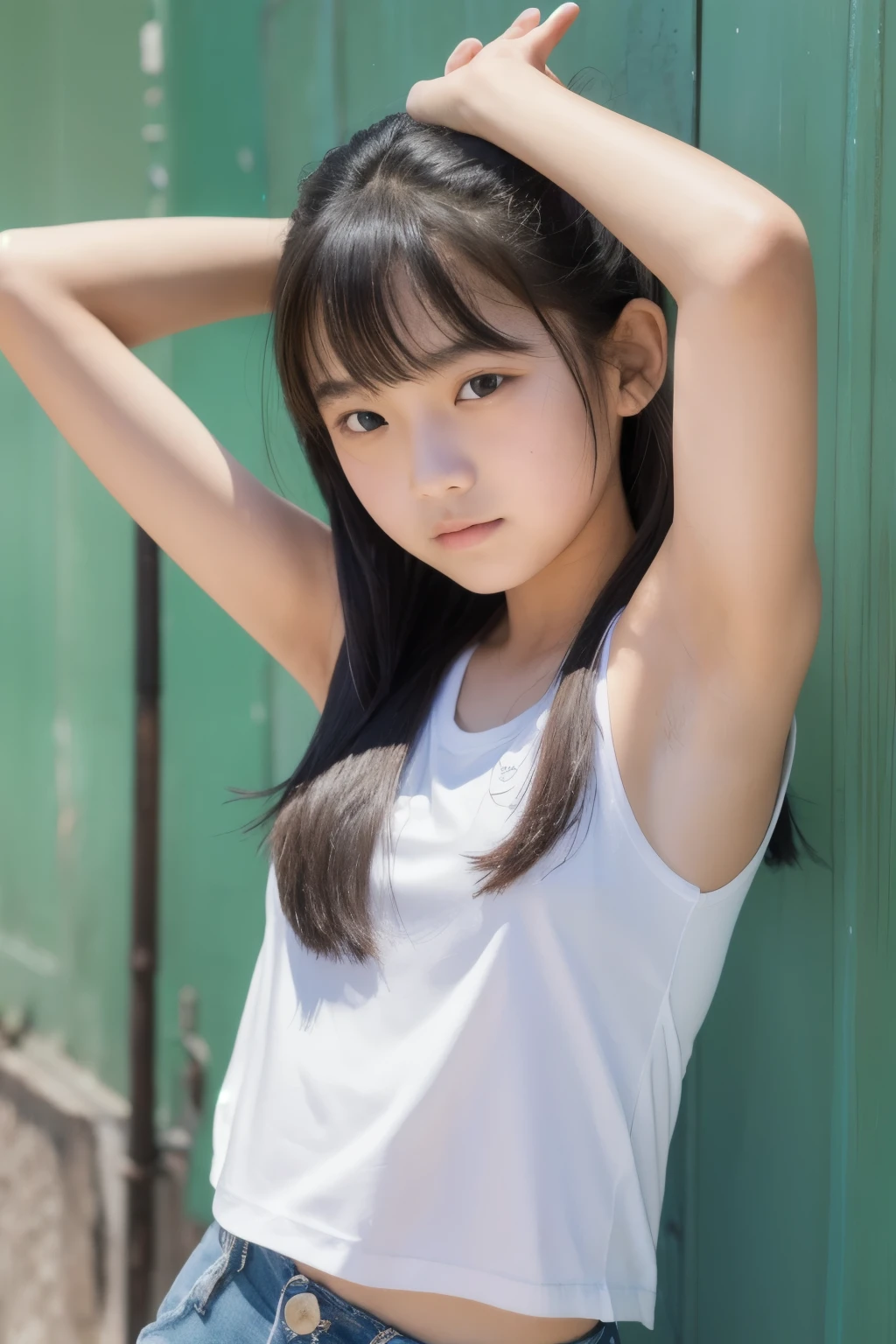 (masterpiece, highest quality:1.4), Award-winning portraits, 8k, 85mm, alone, Beautiful Face, Delicate girl, (Cheerleader、On the grass), Sophisticated, cute, , RAW Photos, Confused, High resolution, Sharp focus, Background Blur、(((flat 、thin and delicate body、Childish atmosphere)))、Glossy short bob、Mole on the left cheek、 Dark blue eyes、the skirt is swaying in the wind、Hair swaying in the wind、sexy、flexible legs、naked
