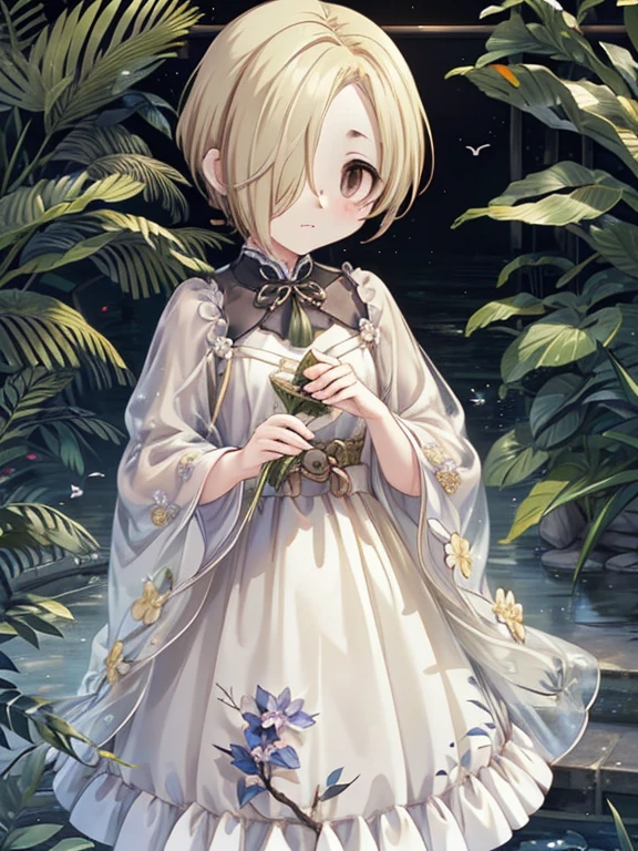   Masterpiece ,  best quality,  very detailed, 16k,  super high resolution,  cowboy shooting,  detailed face , Perfect means,  1 Woman , ,  blonde alone,  braiding , royal palace, garden, , A green and white dress with birds drawn on it , (((Shirasaka Koume,  blonde aloneの髪,  hair covering one eye ,  shorthair,  Brown Eyes ,  flat chested))) , (  perfect hand,  Perfect Anatomy  ),,  Five Fingers 